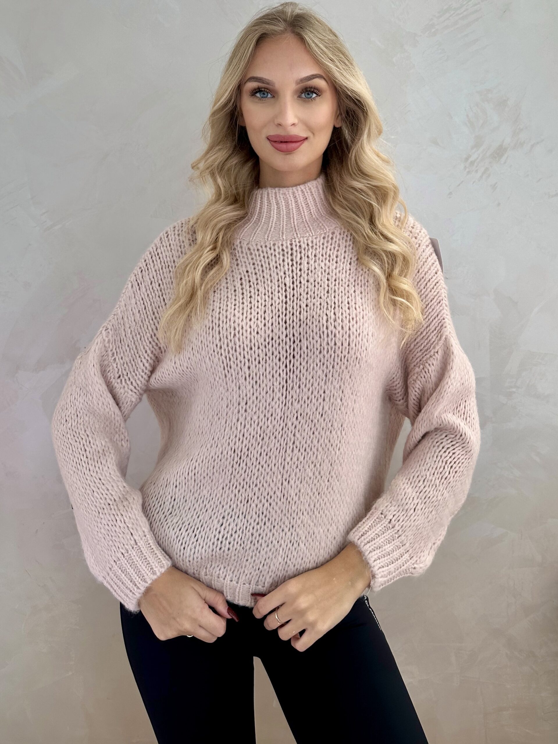 Sweter z Półgolfem Gładki Pudrowy Róż