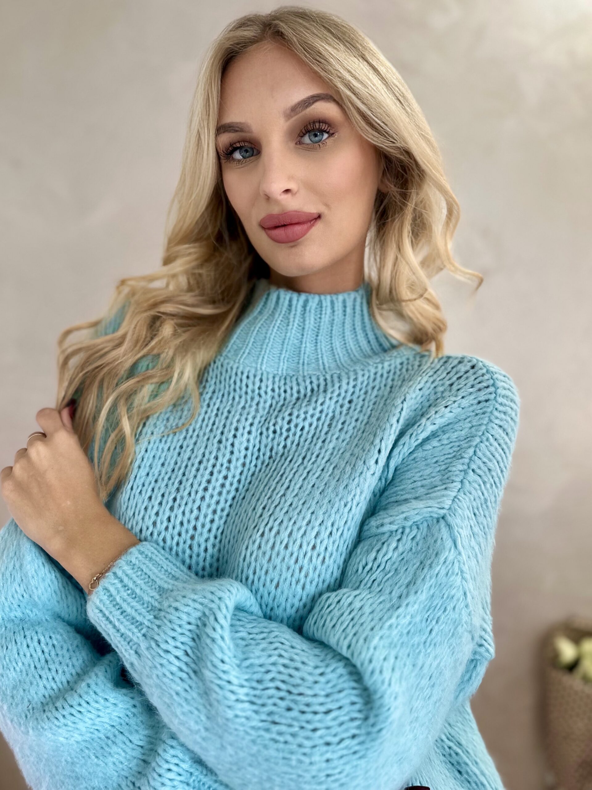 Sweter z Półgolfem Gładki Miętowy