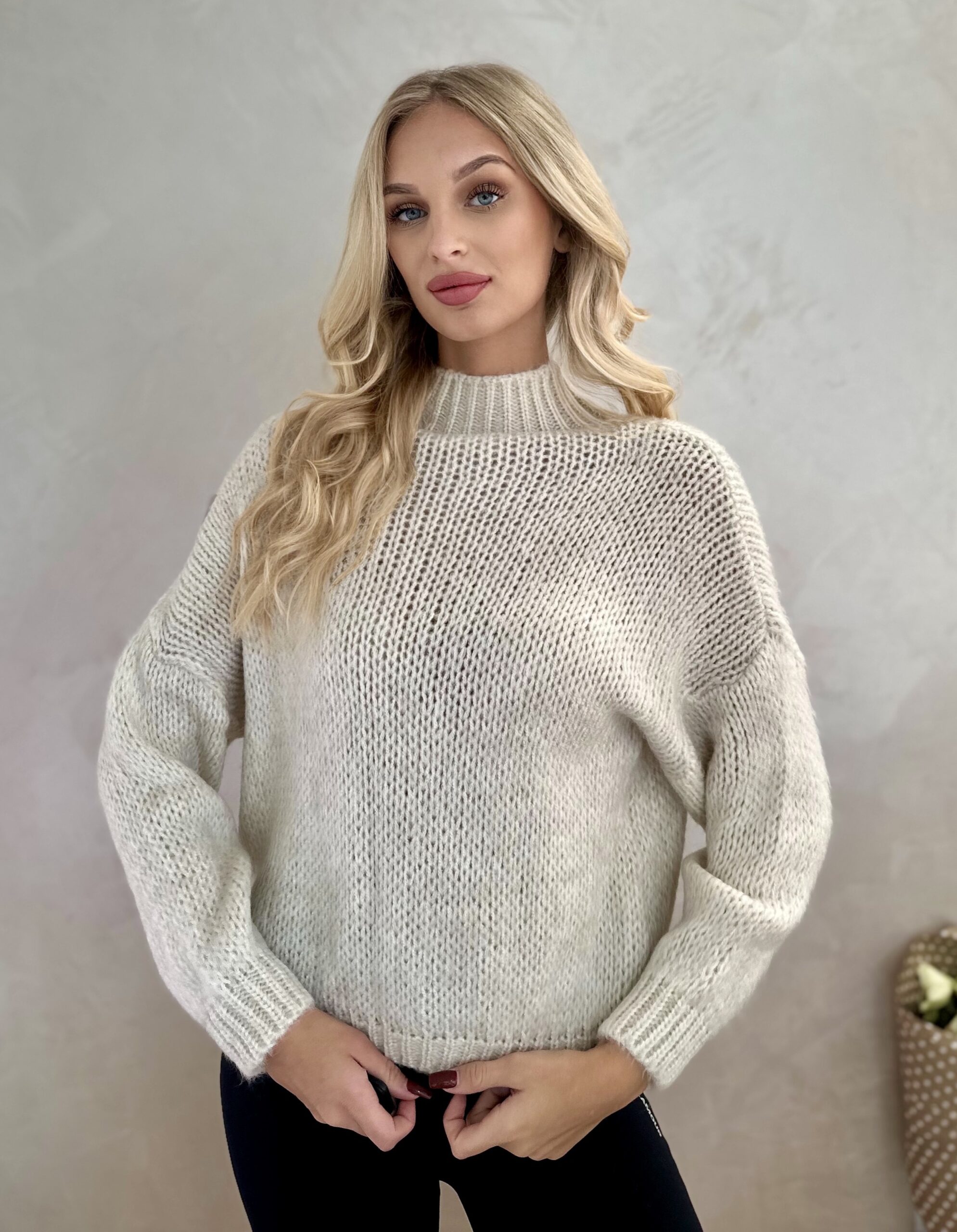 Sweter z Półgolfem Gładki Beżowy