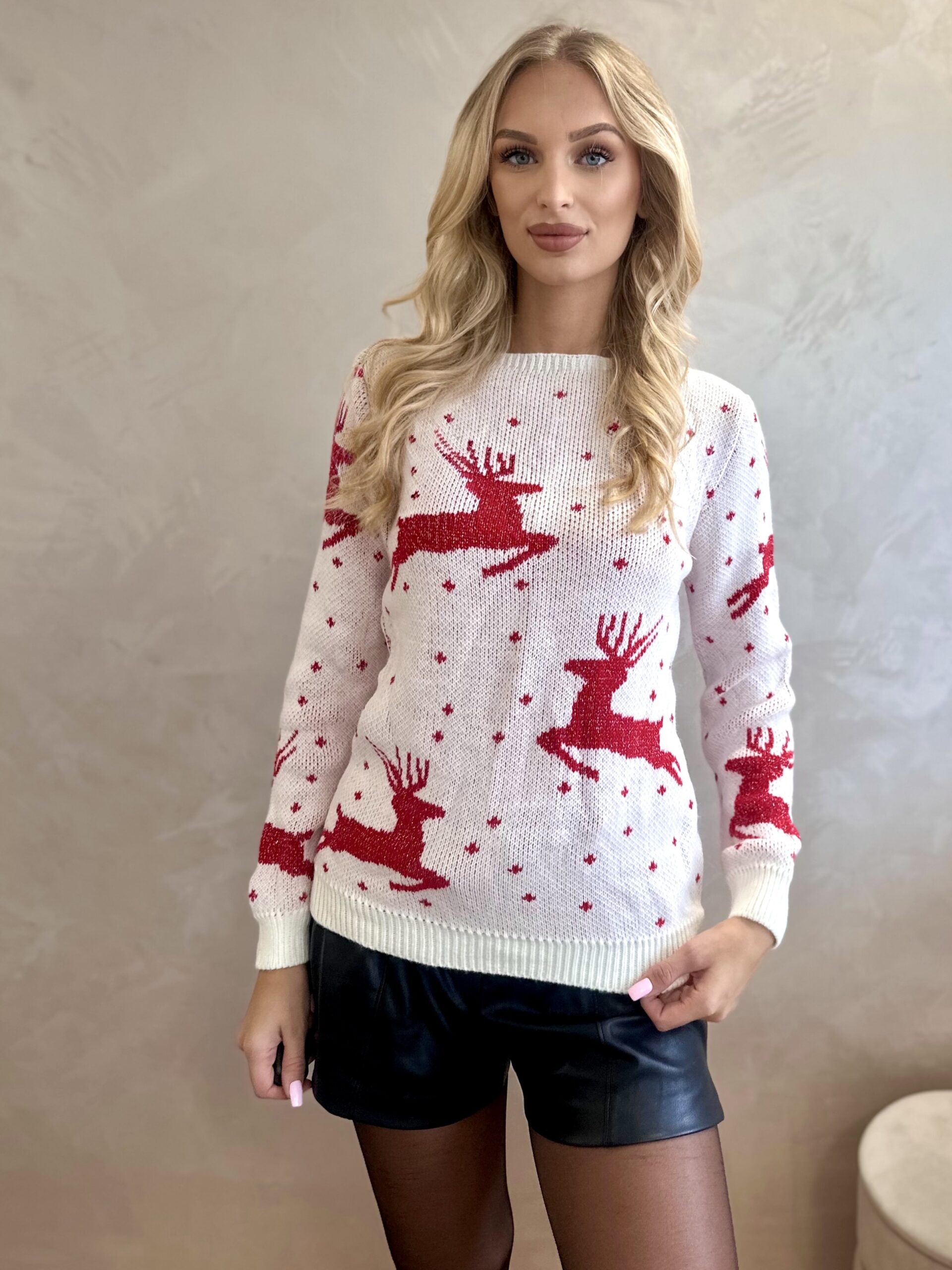 Sweter Świąteczny Jelonki Ze Srebrną Nitką Biały 5 Sweter Świąteczny Jelonki Ze Srebrną Nitką Biały - obrazek 5