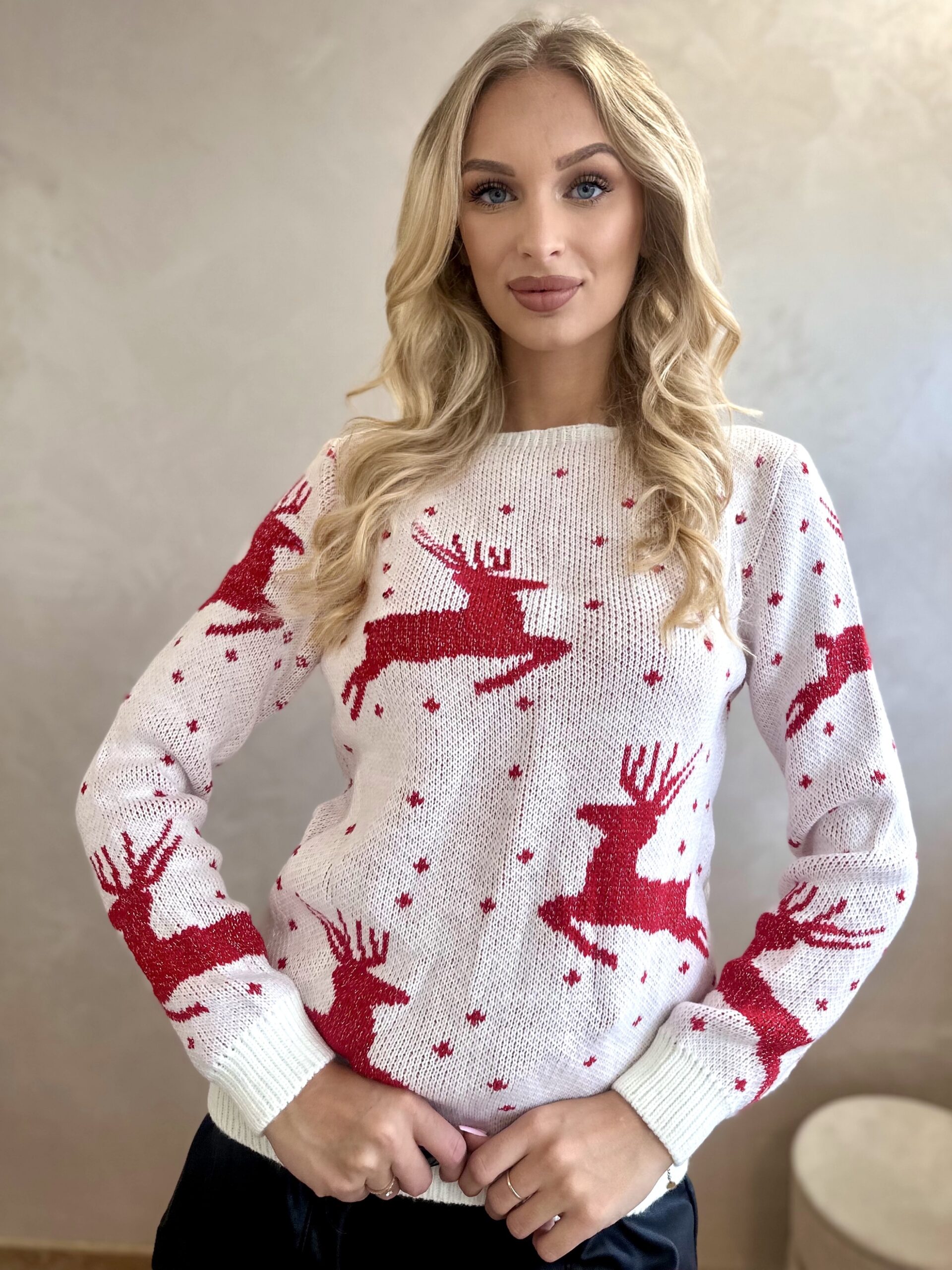 Sweter Świąteczny Jelonki Ze Srebrną Nitką Biały 6 Sweter Świąteczny Jelonki Ze Srebrną Nitką Biały - obrazek 6