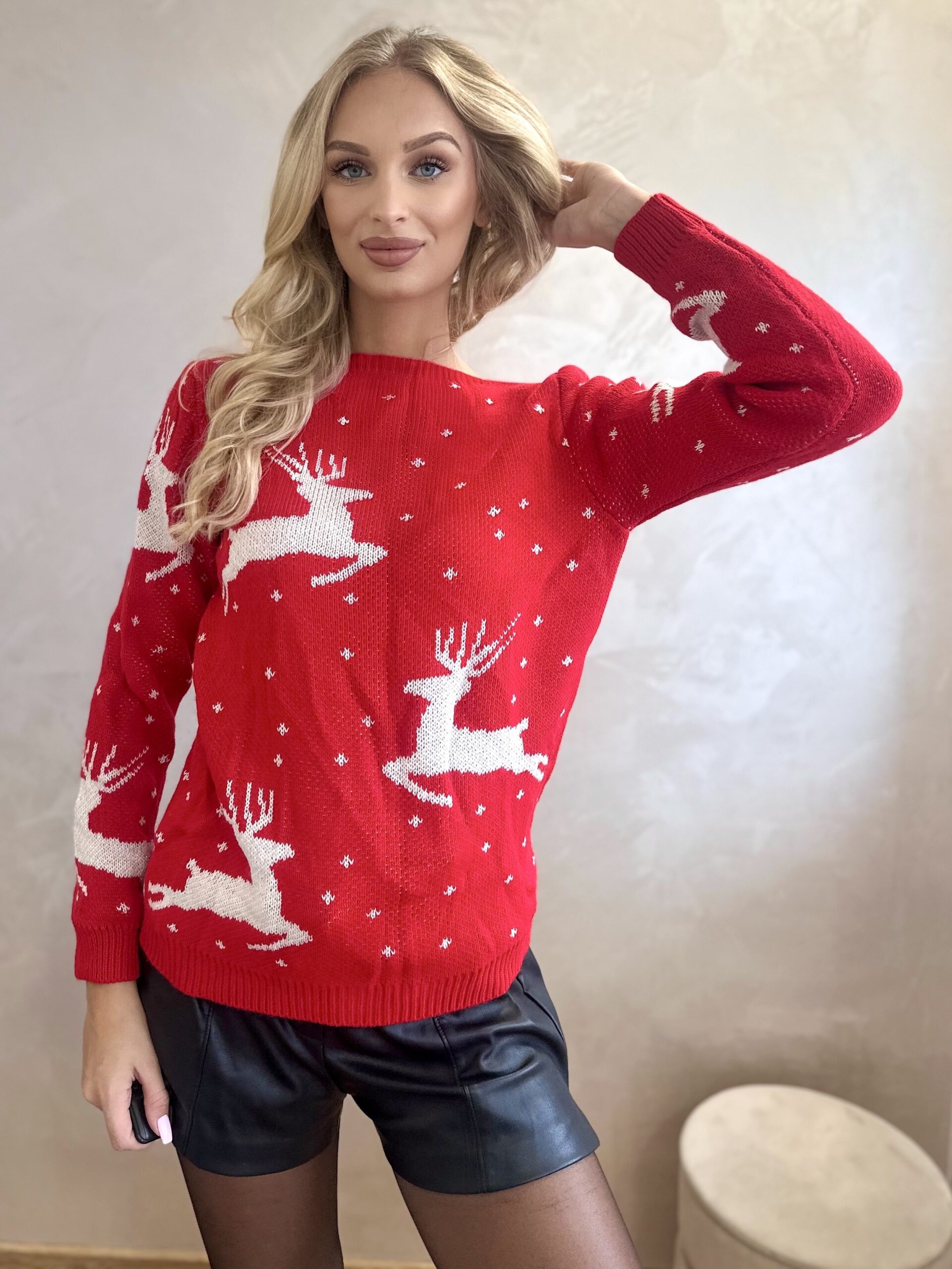 Sweter Świąteczny Jelonki Ze Srebrną Nitką Czerwony 6 Sweter Świąteczny Jelonki Ze Srebrną Nitką Czerwony - obrazek 6