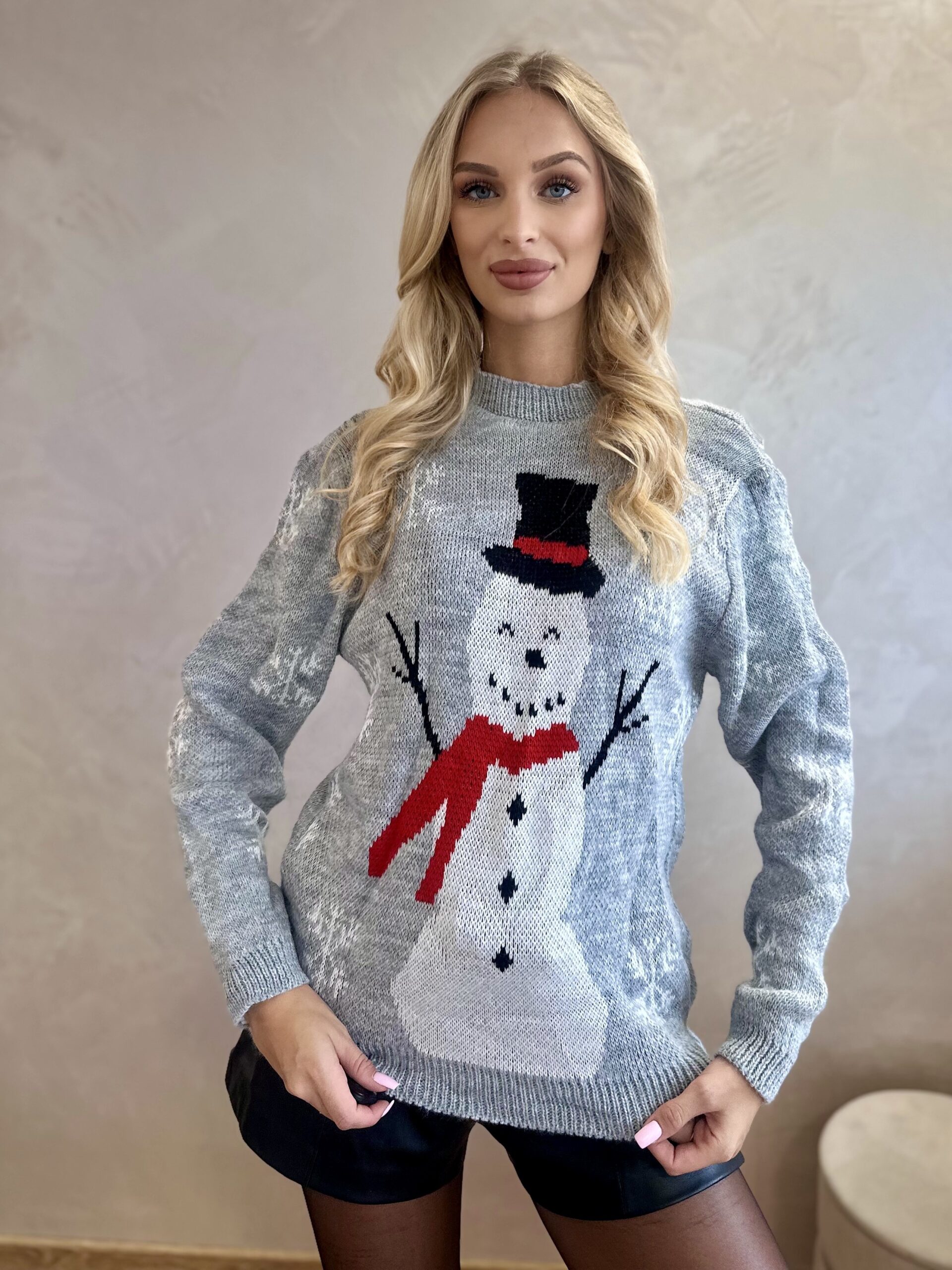 Sweter Świąteczny Z Bałwanem Jasno Szary