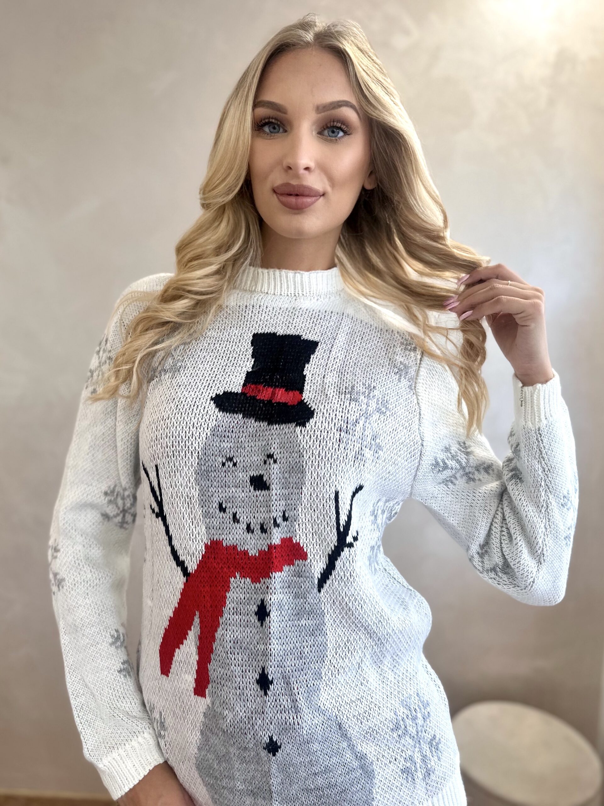 Sweter Świąteczny Z Bałwanem Biały