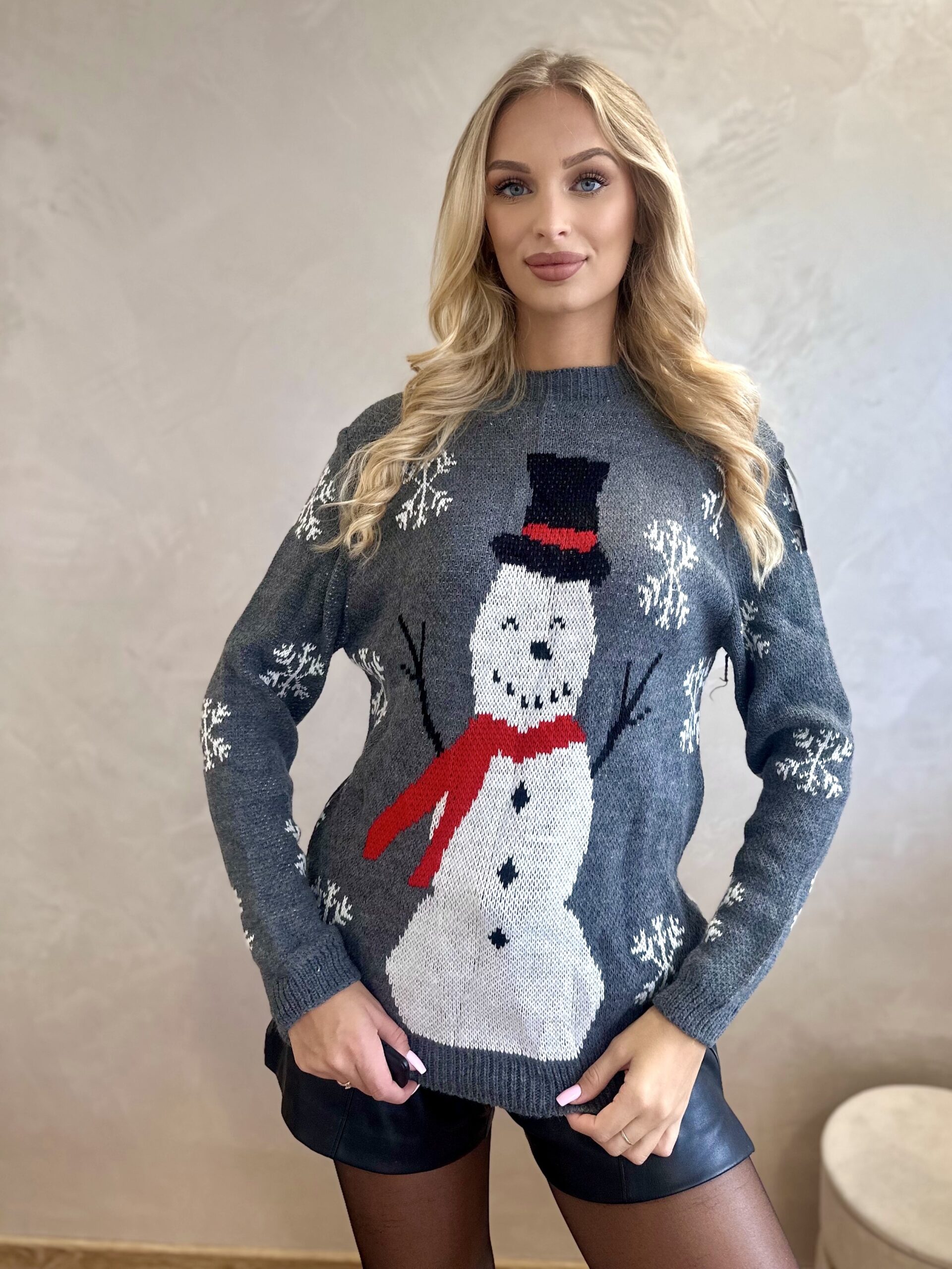 Sweter Świąteczny Z Bałwanem Ciemno Szary