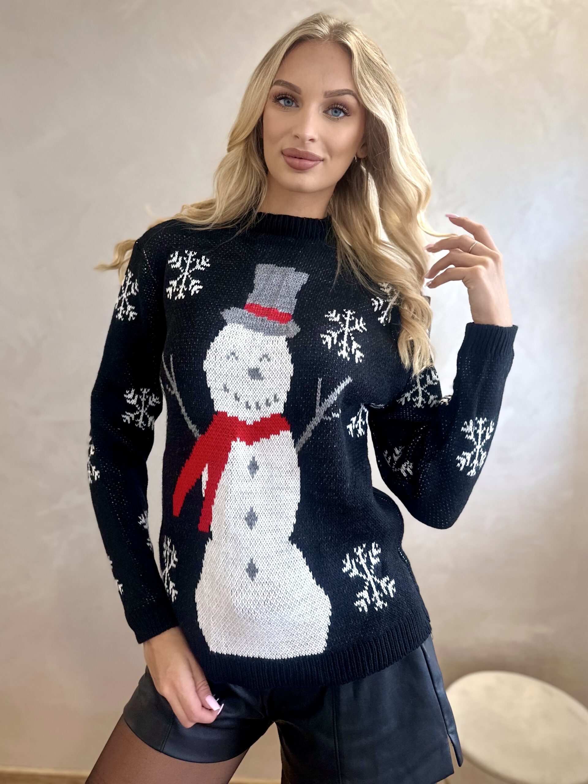 Sweter Świąteczny Z Bałwanem Czarny