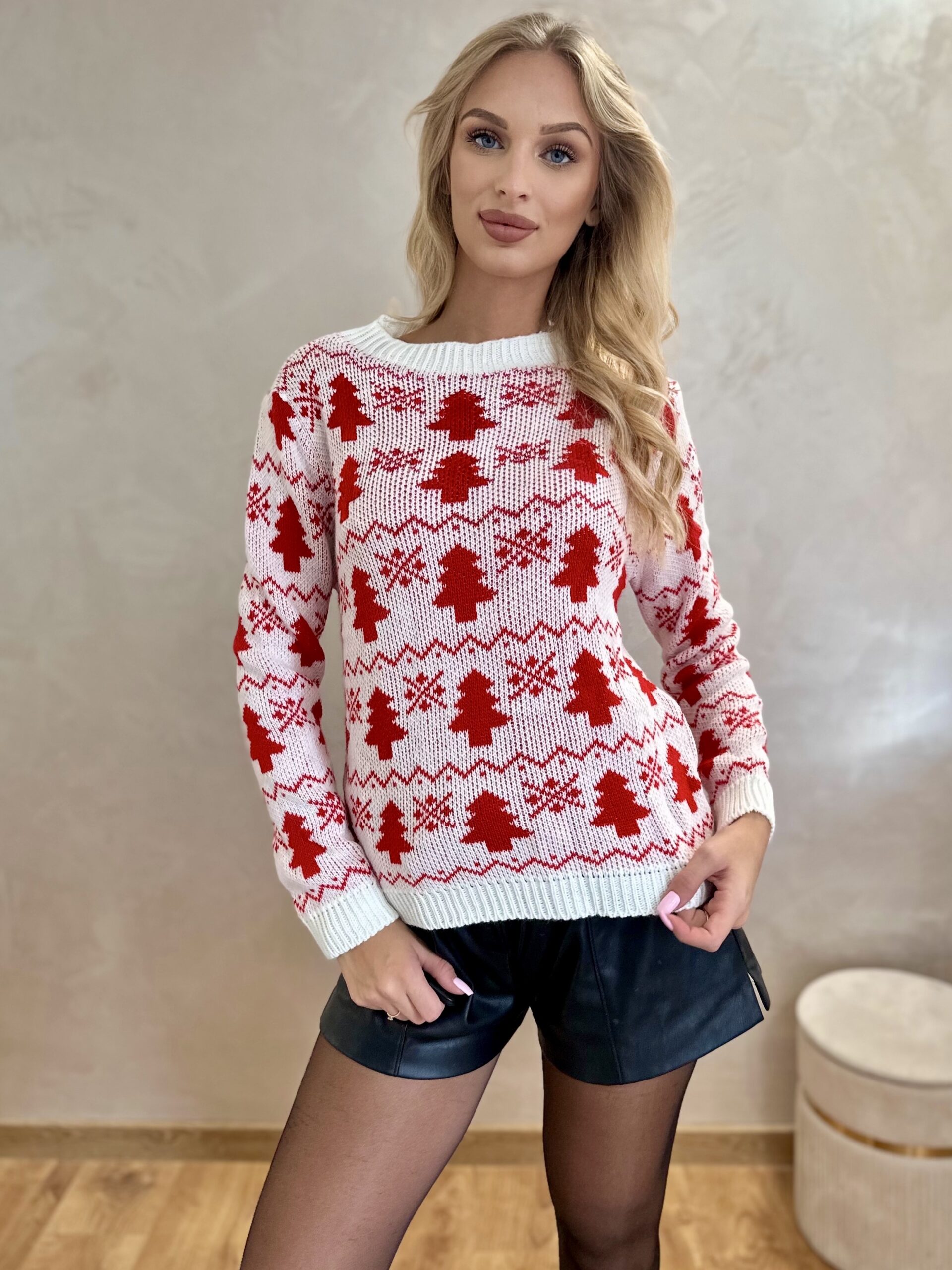Sweter Świąteczny W Choinki Biały
