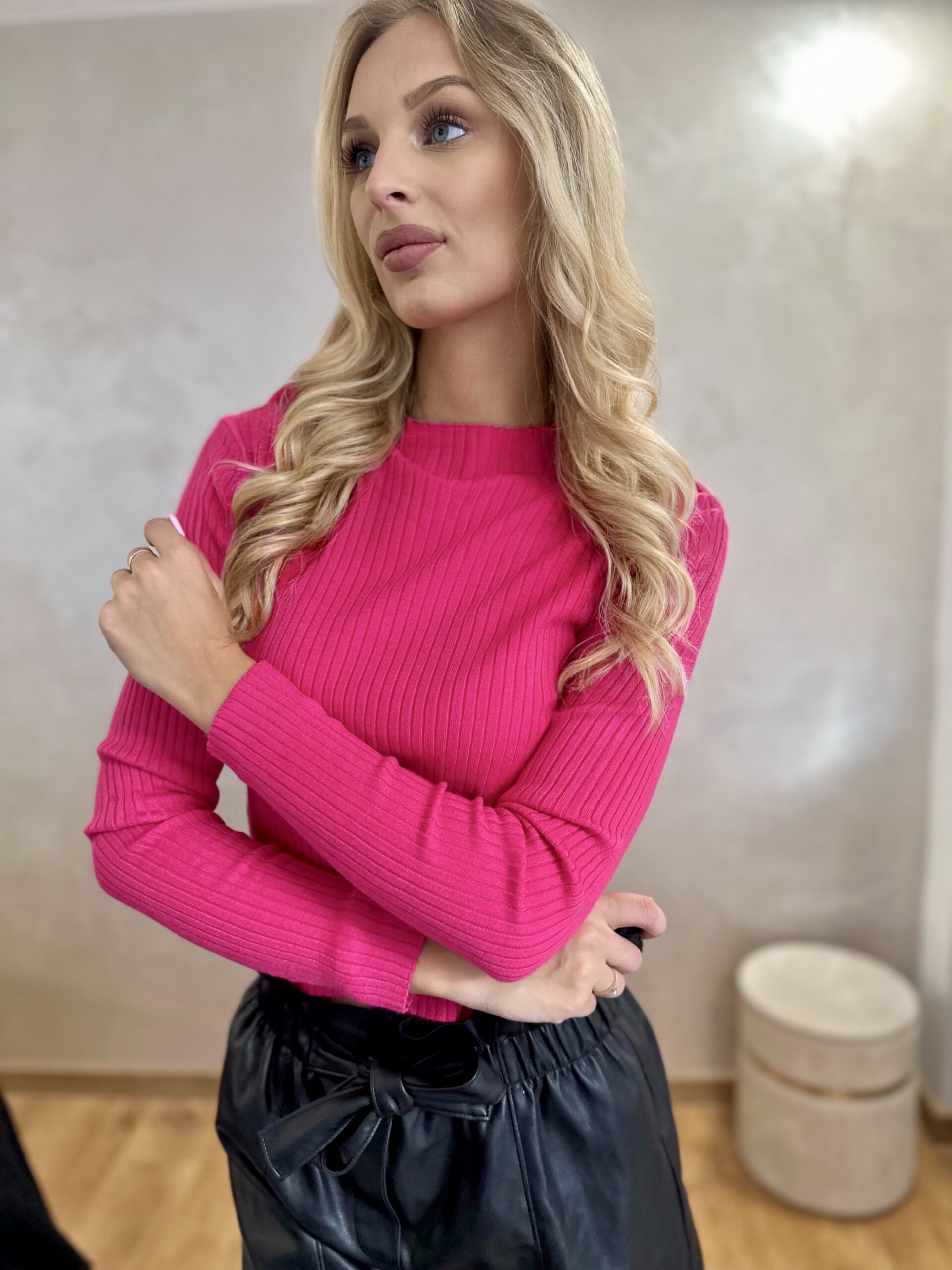 Bluzka Krótka Prążek Gładka Fuksja