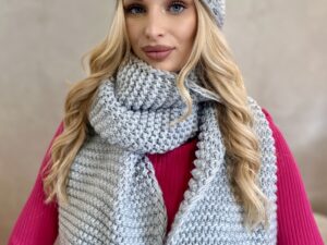 Komplet Zimowy Czapka Z Pomponem + Szal Gruby Splot Jasno Szary