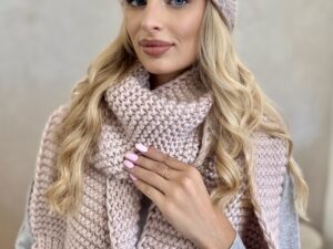 Komplet Zimowy Czapka Z Pomponem + Szal Gruby Splot Pudrowy Róż