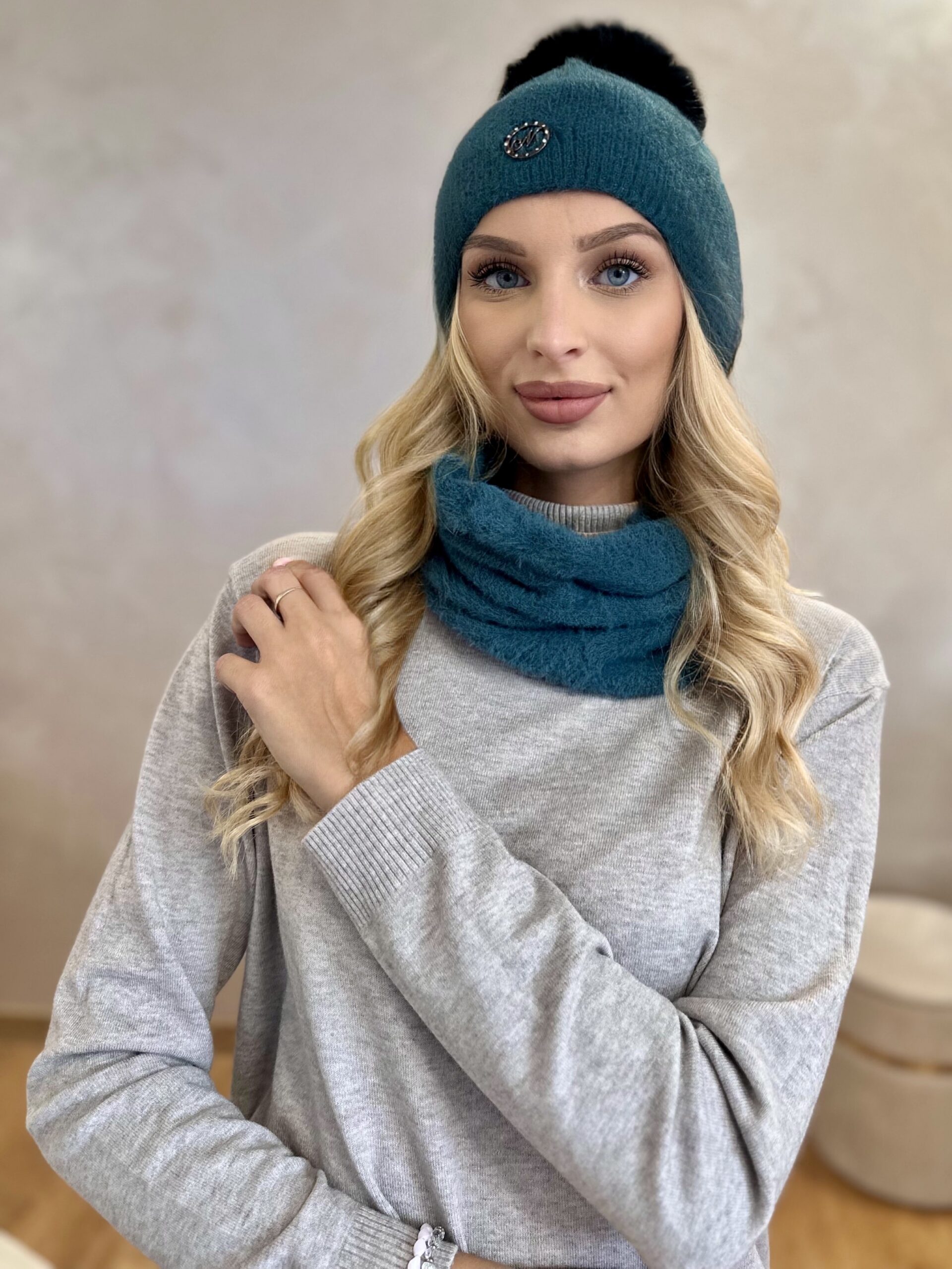 Komplet Alpaka Czapka Z Pomponem + Komin Szmaragdowy