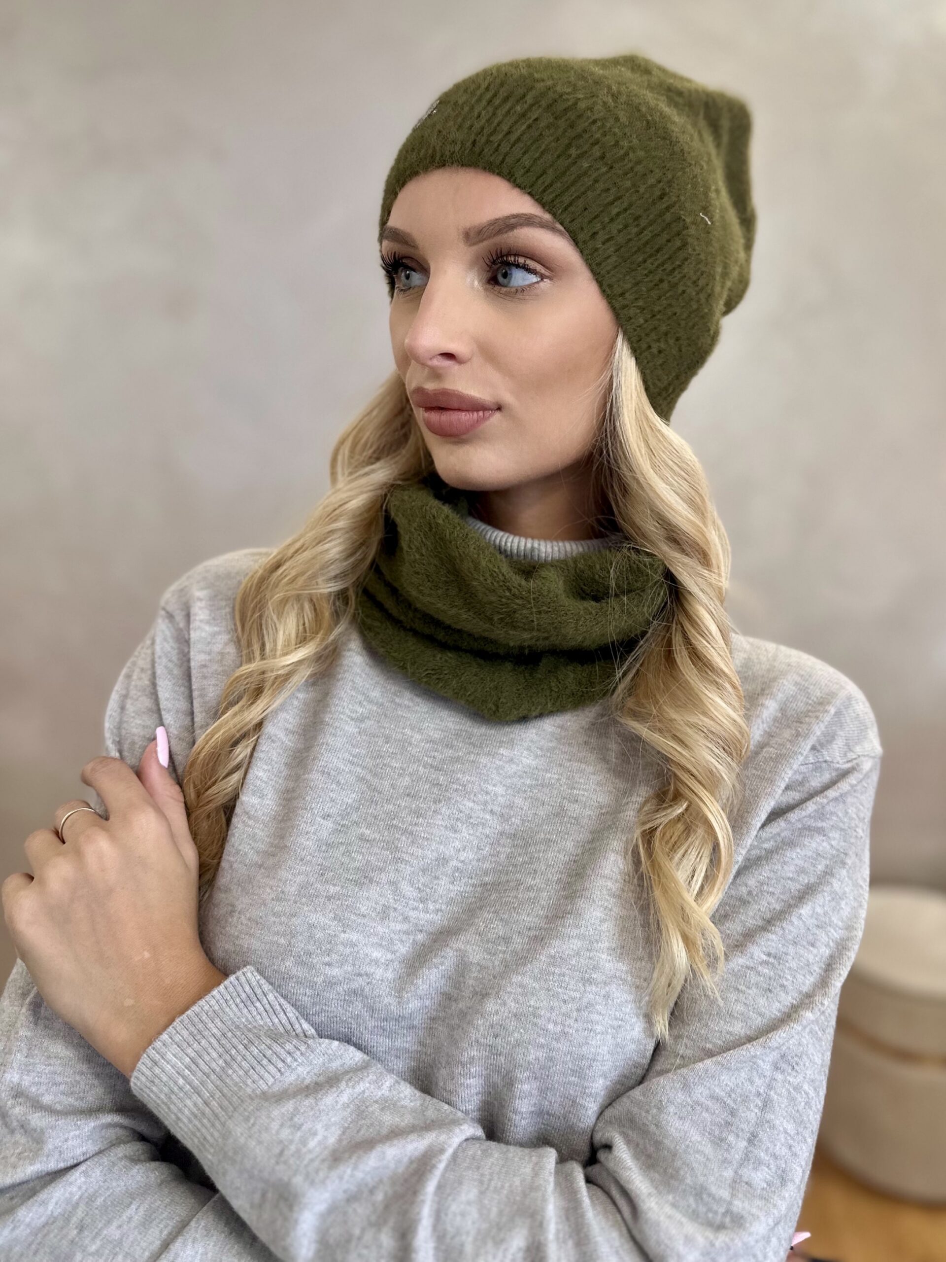 Komplet Czapka Smerfetka+ Komin Alpaka Khaki