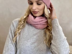 Komplet Alpaka Czapka Z Pomponem + Komin Pudrowy Róż