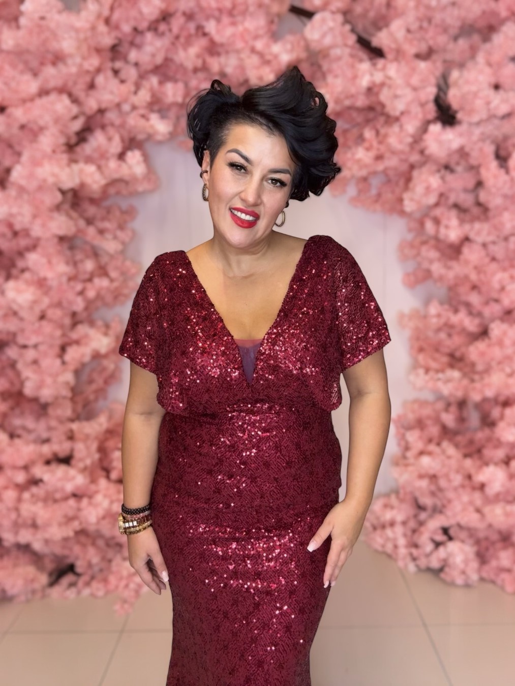 Sukienka Cekinowa Maxi Ramen Bordowa