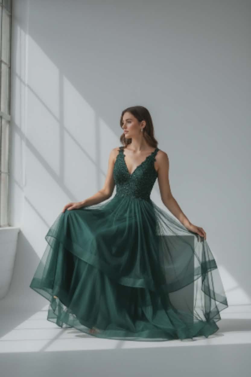 Suknia Maxi Tiulowa z Falbanami Livia Butelkowa Zieleń 3 Suknia Maxi Tiulowa z Falbanami Livia Butelkowa Zieleń - obrazek 3