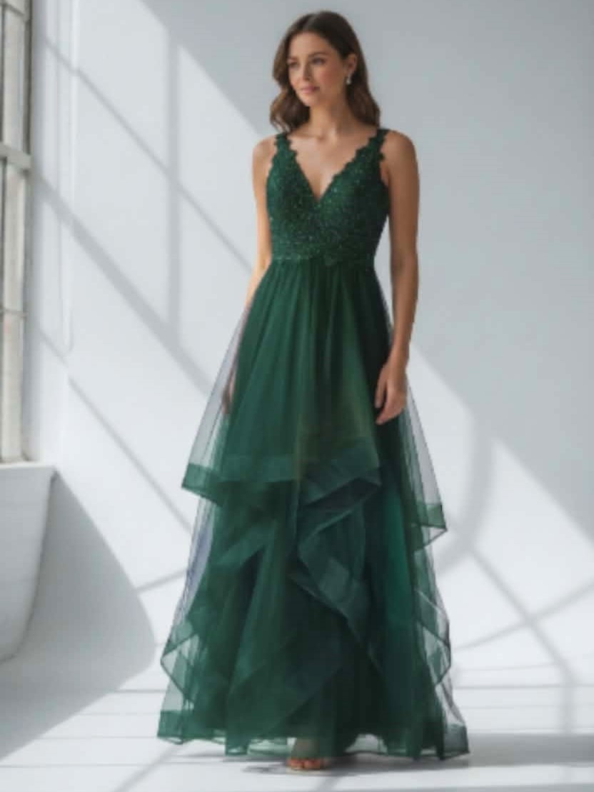 Suknia Maxi Tiulowa z Falbanami Livia Butelkowa Zieleń