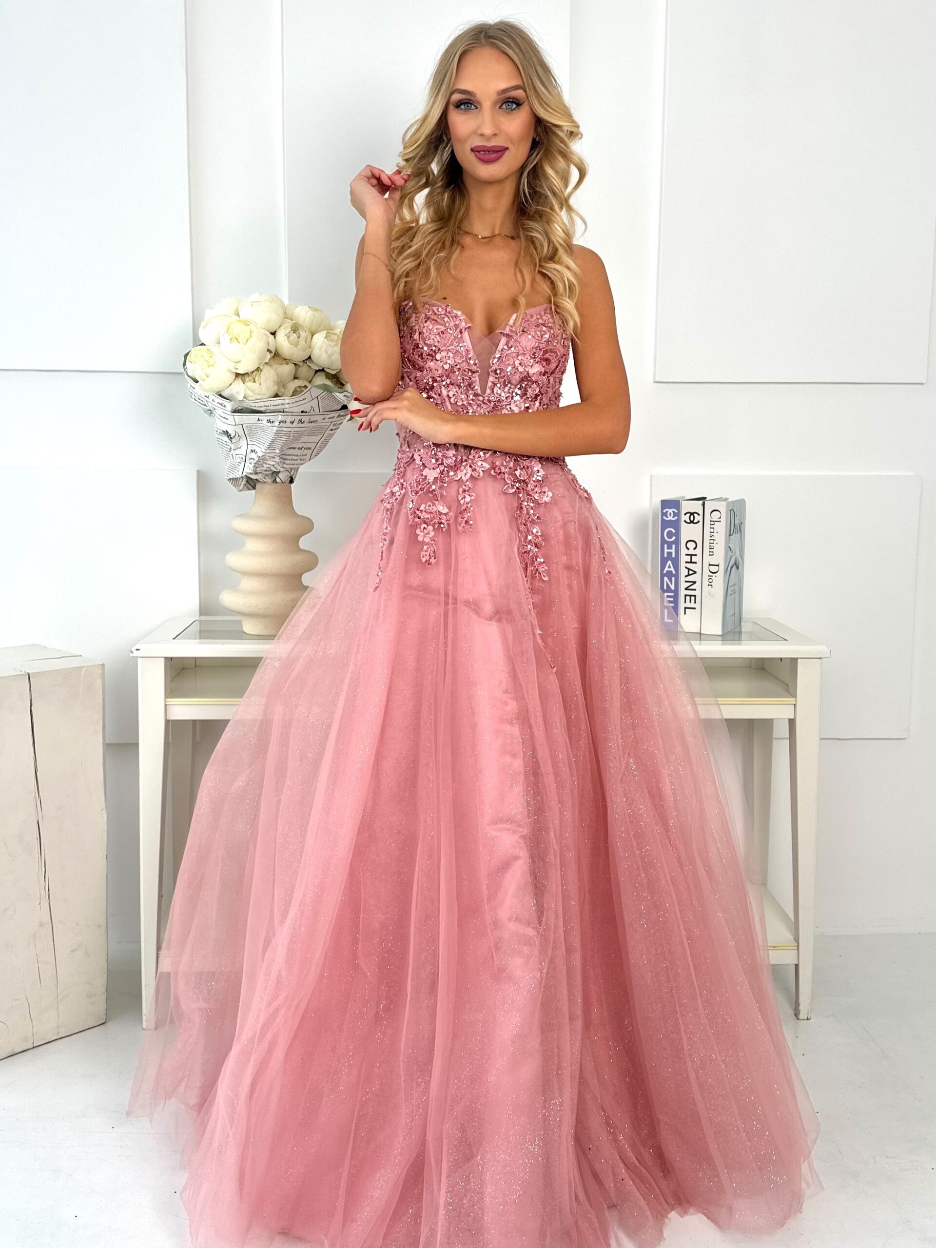 Sukienka Tiulowa Gorsetowa Pudrowy Róż Limoncello