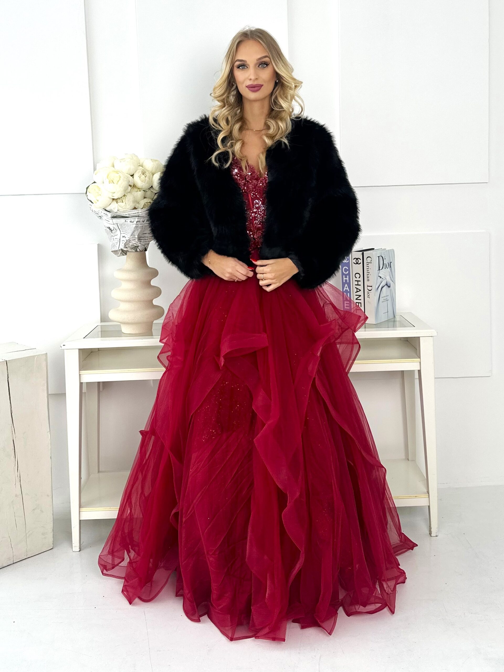 Suknia Maxi Tiulowa Zdobiona Klaresa Bordowa 4 Suknia Maxi Tiulowa Zdobiona Klaresa Bordowa