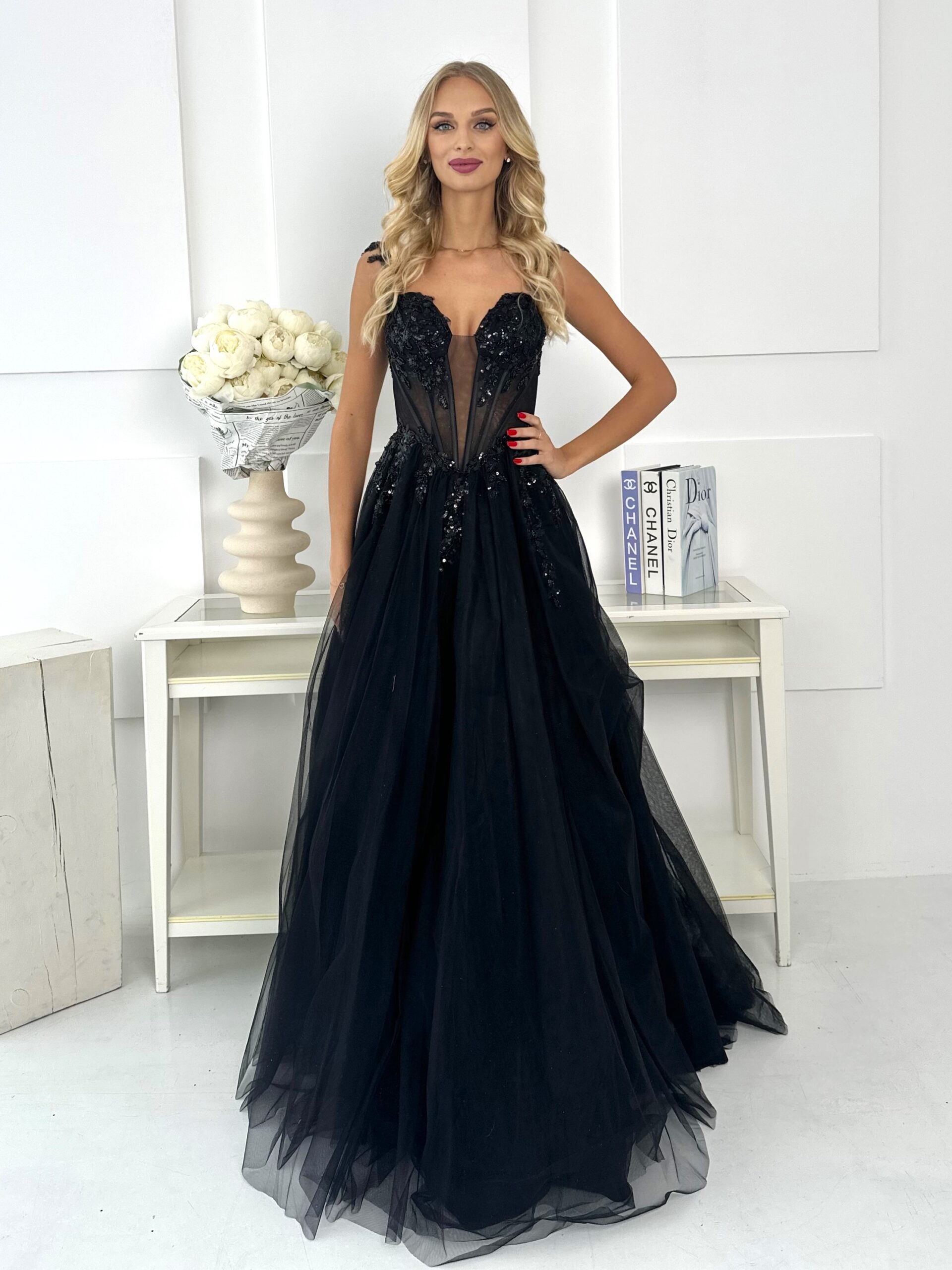 Sukienka Maxi Tiulowa Gorsetowa Stella Czarna