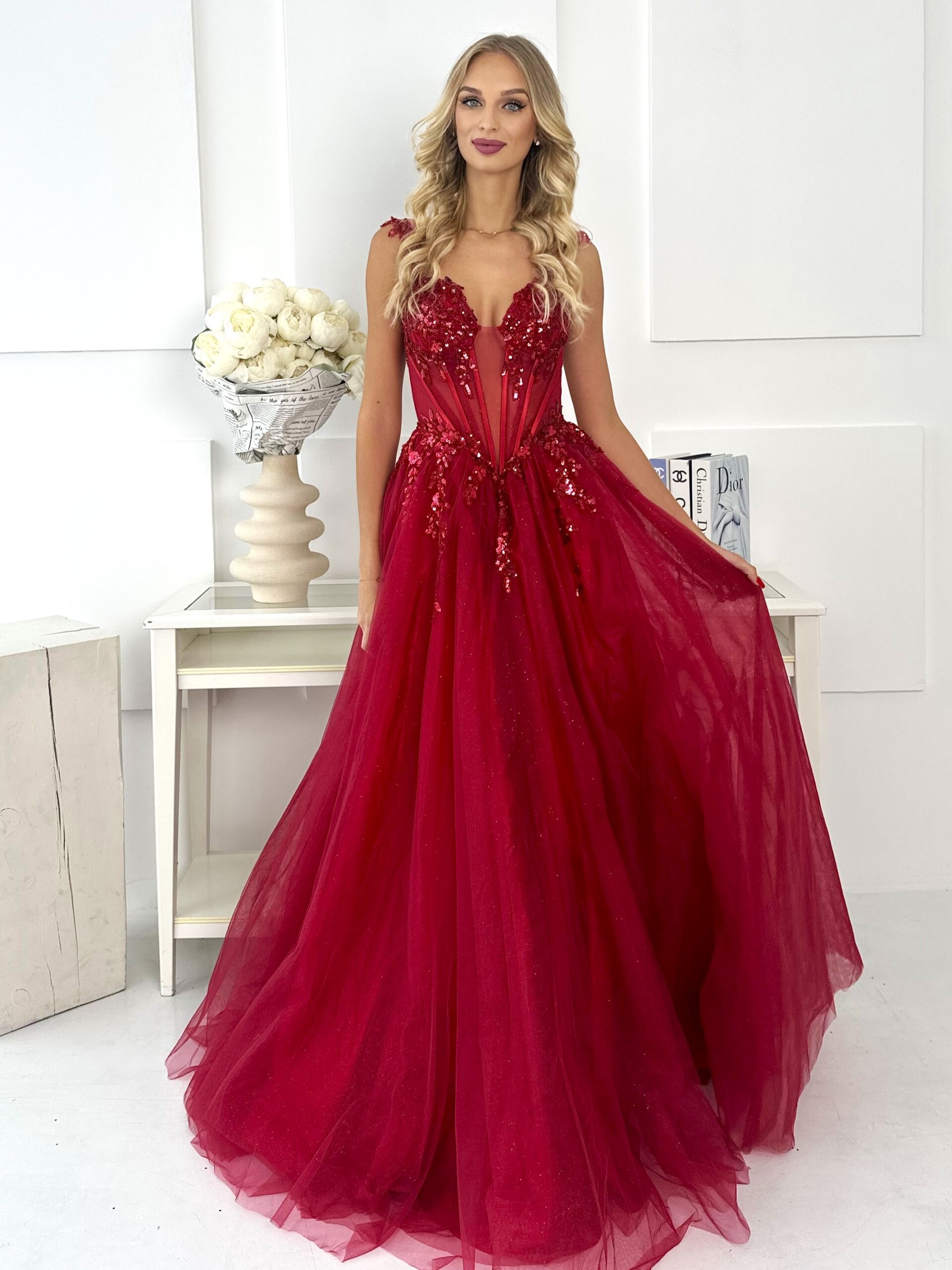 Sukienka Maxi Tiulowa Gorsetowa Stella Bordowa