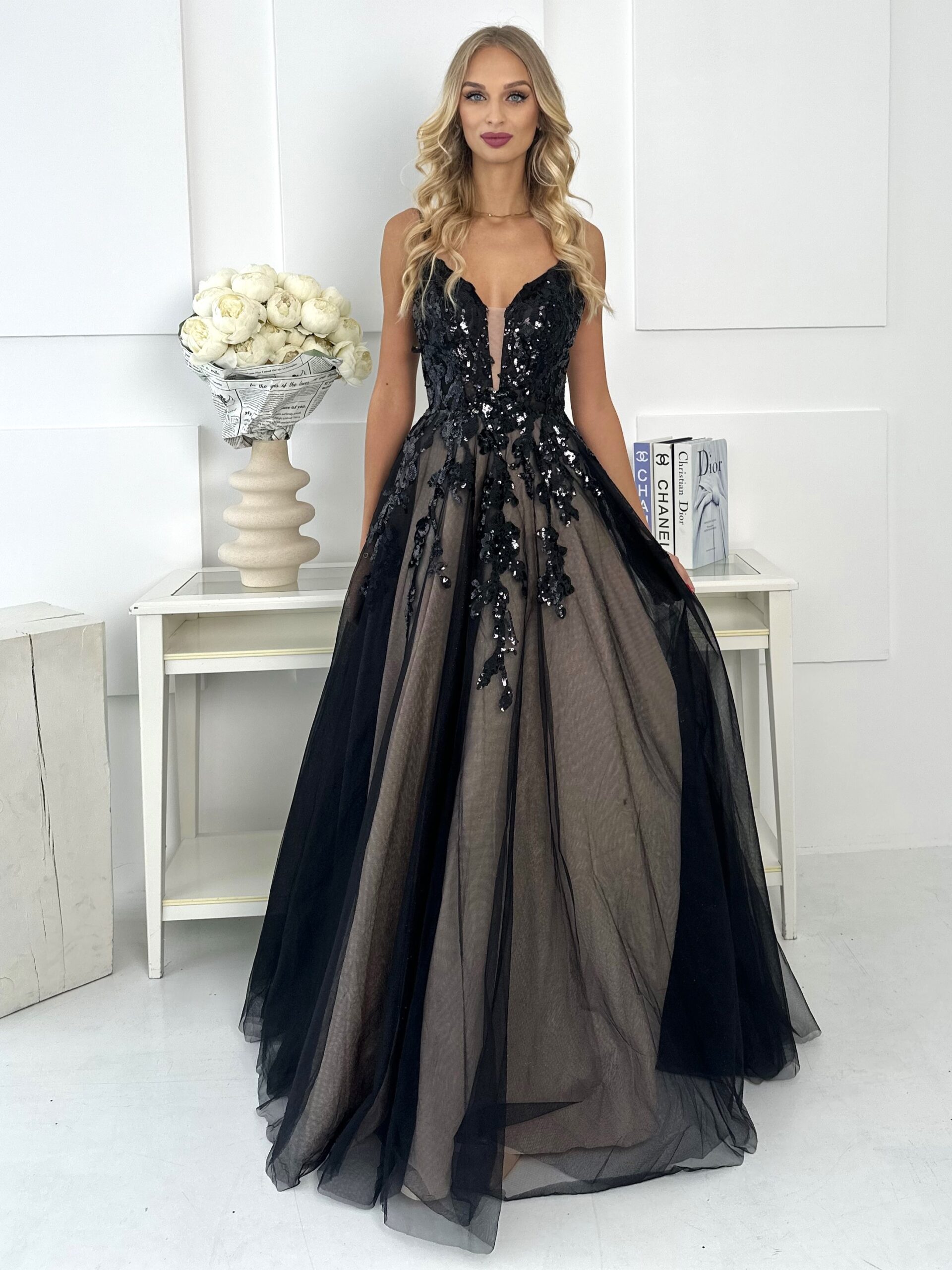 Sukienka Tiulowa Gorsetowa Czarno-Beżowa Oleandra