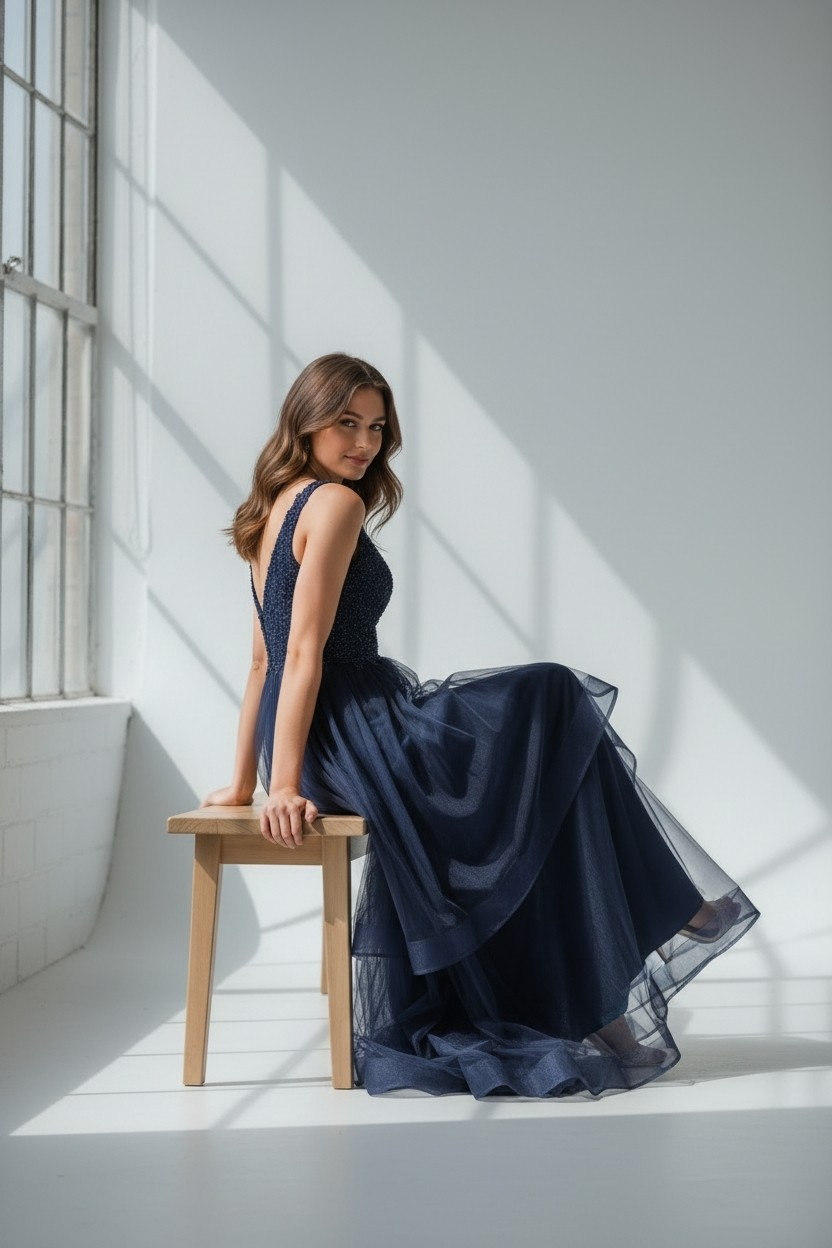 Suknia Maxi Tiulowa z Falbanami Livia Granatowa 3 Suknia Maxi Tiulowa z Falbanami Livia Granatowa - obrazek 3