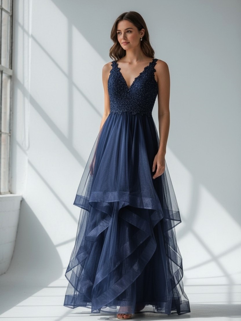 Suknia Maxi Tiulowa z Falbanami Livia Granatowa
