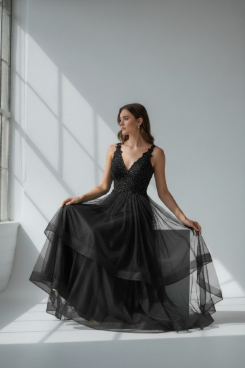 Suknia Maxi Tiulowa z Falbanami Livia Czarna 3 Suknia Maxi Tiulowa z Falbanami Livia Czarna - obrazek 3