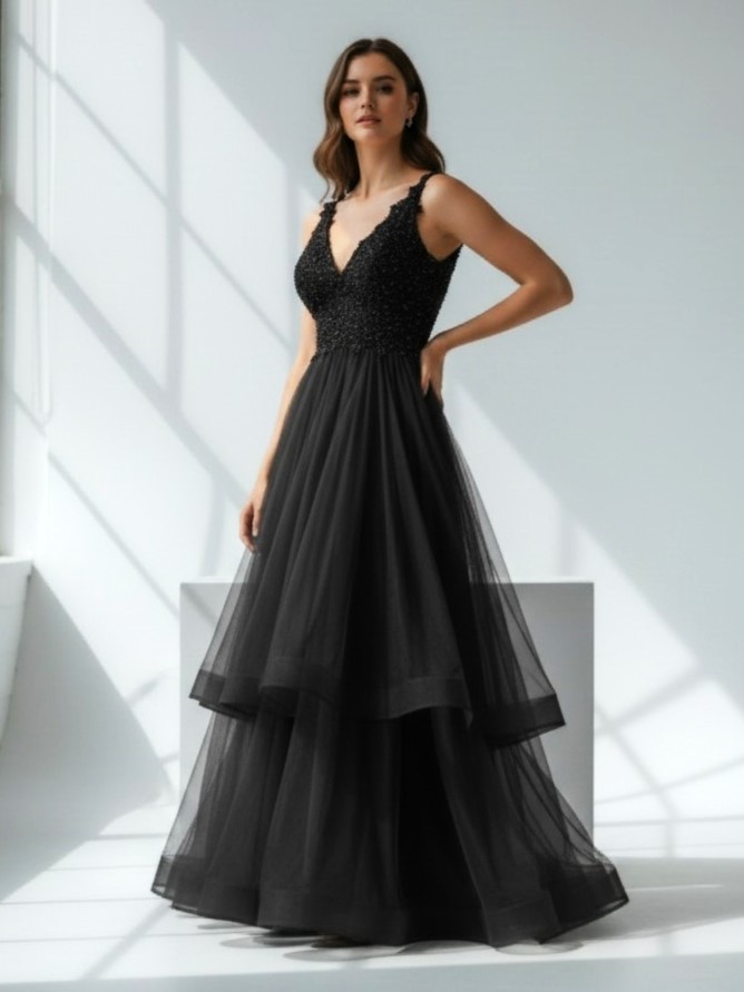 Suknia Maxi Tiulowa z Falbanami Livia Czarna