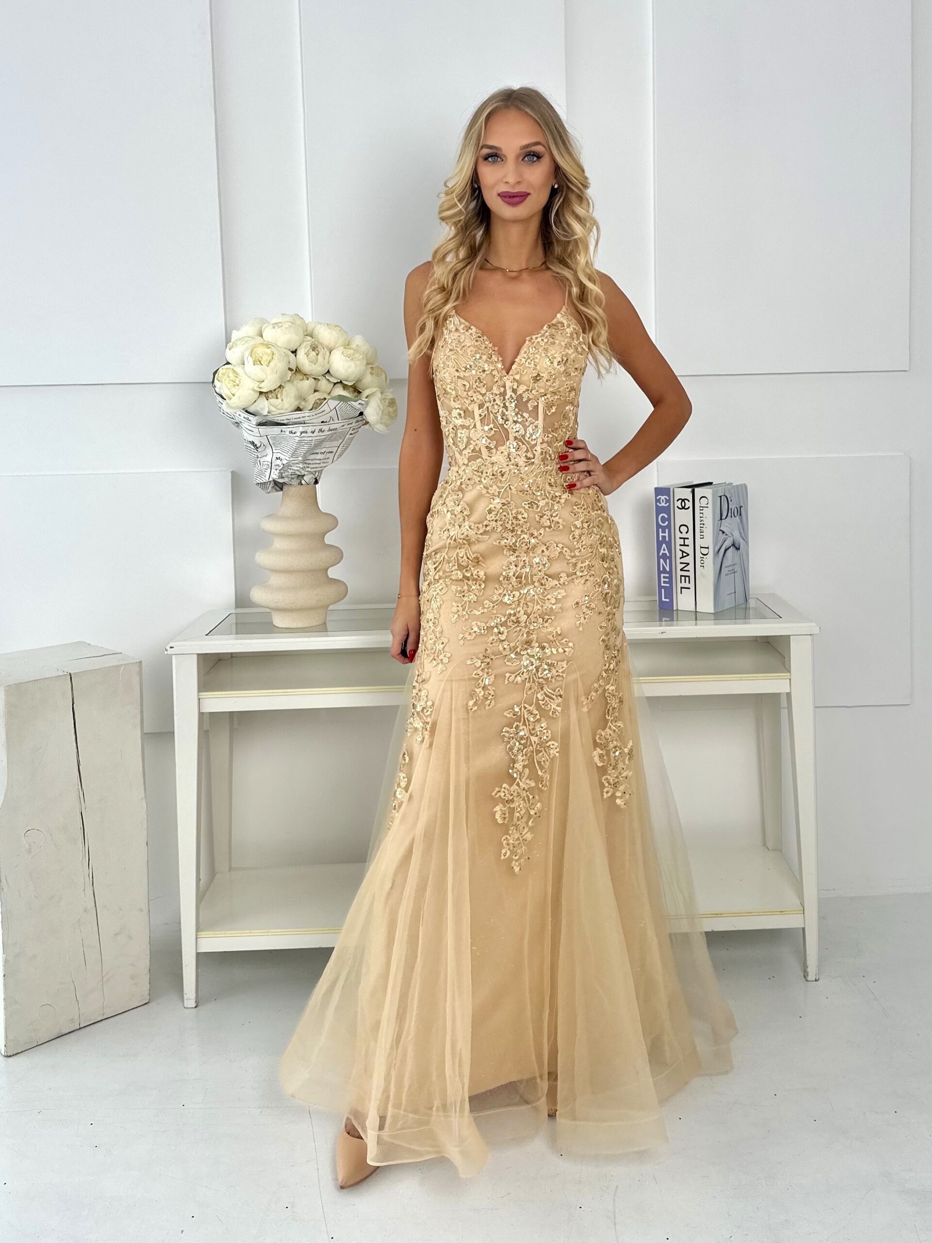 Suknia Maxi Tiulowa Marina Złota