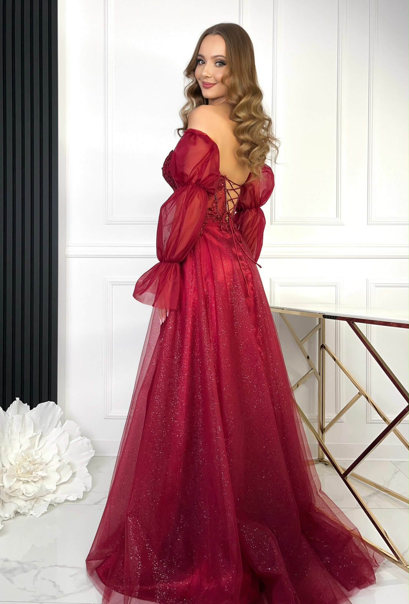 Sukienka Maxi Tiulowa Gorsetowa Delfina Bordowa