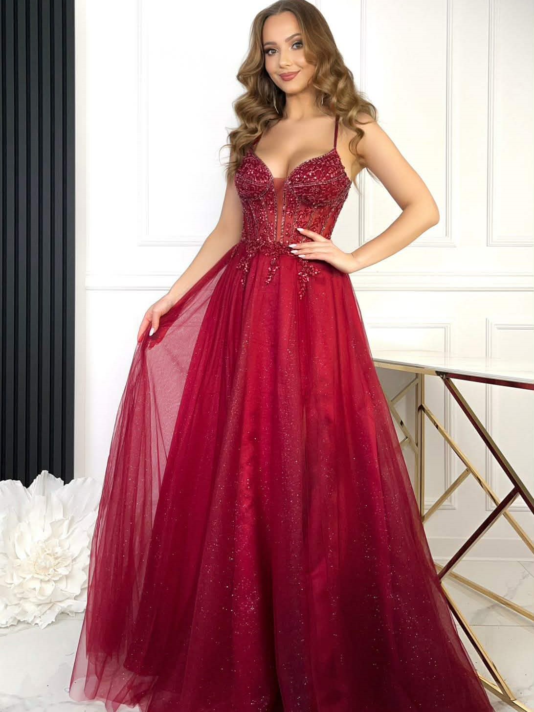 Sukienka Tiulowa Na Ramiączkach La Perla Bordowa