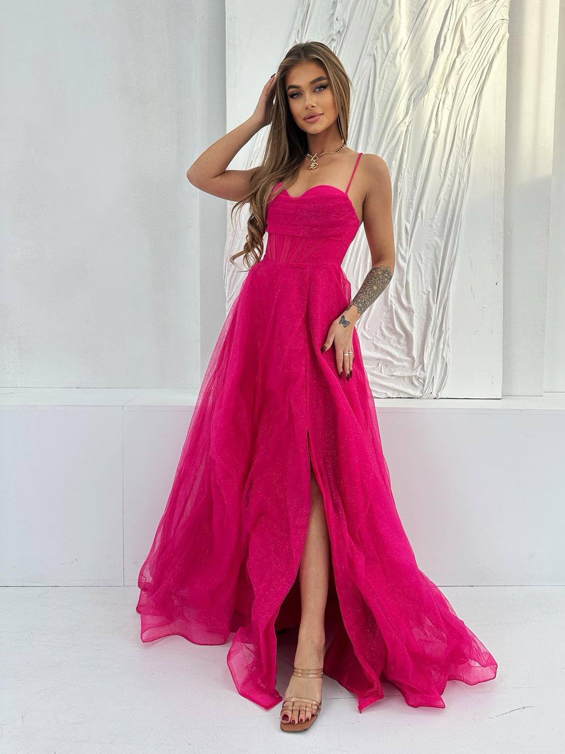 Sukienka Maxi Brokatowa Aisha Fuksja