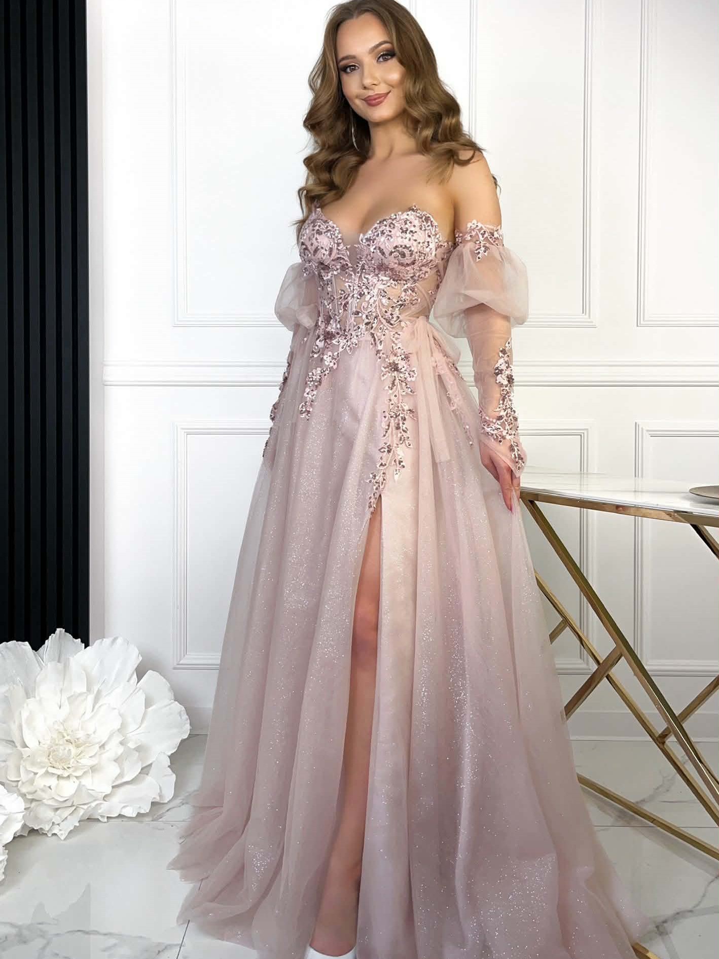 Sukienka Maxi Tiulowa Gorsetowa Delfina Pudrowy Róż