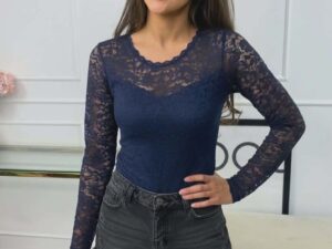Bluzka Koronkowa Długi Rękaw Łezka Granatowa
