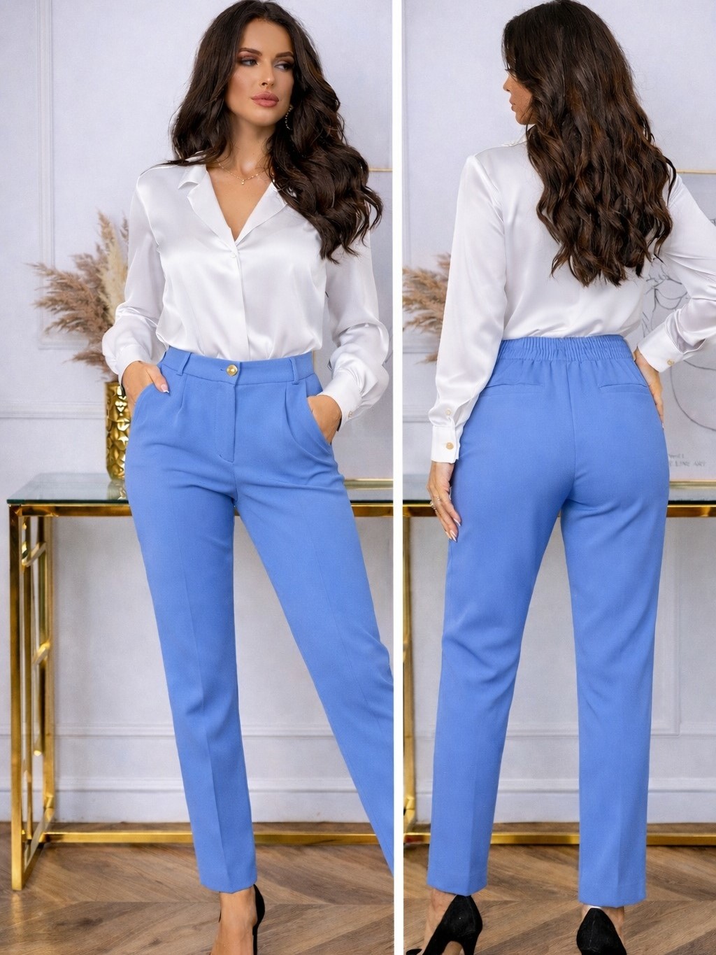 Eleganckie Spodnie Damskie Błękitne Z Gumką