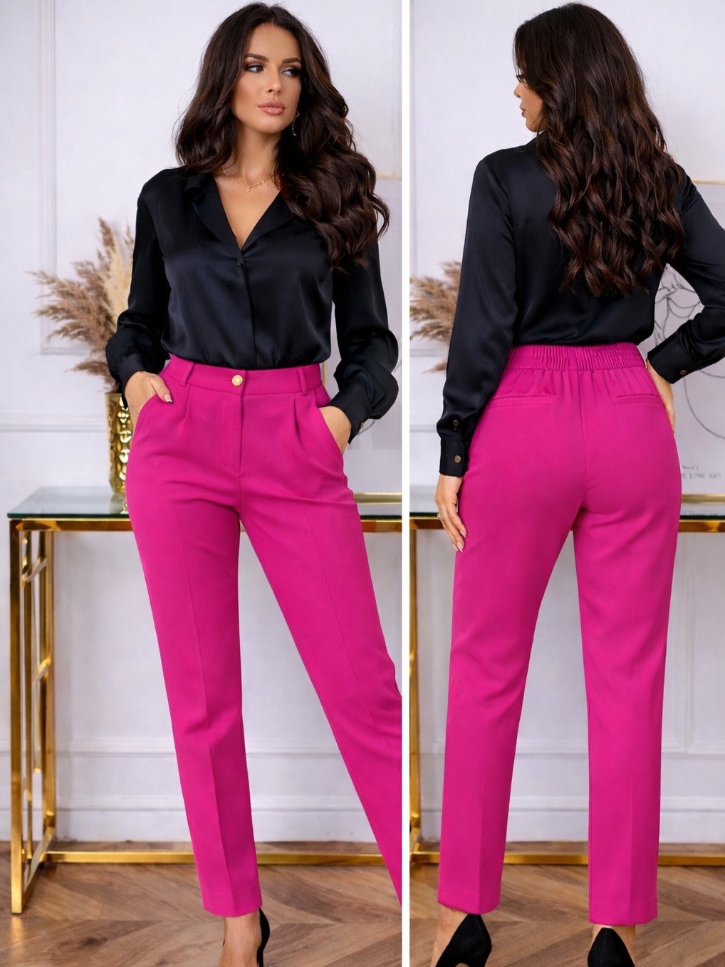 Eleganckie Spodnie Damskie Fuksja Z Gumką
