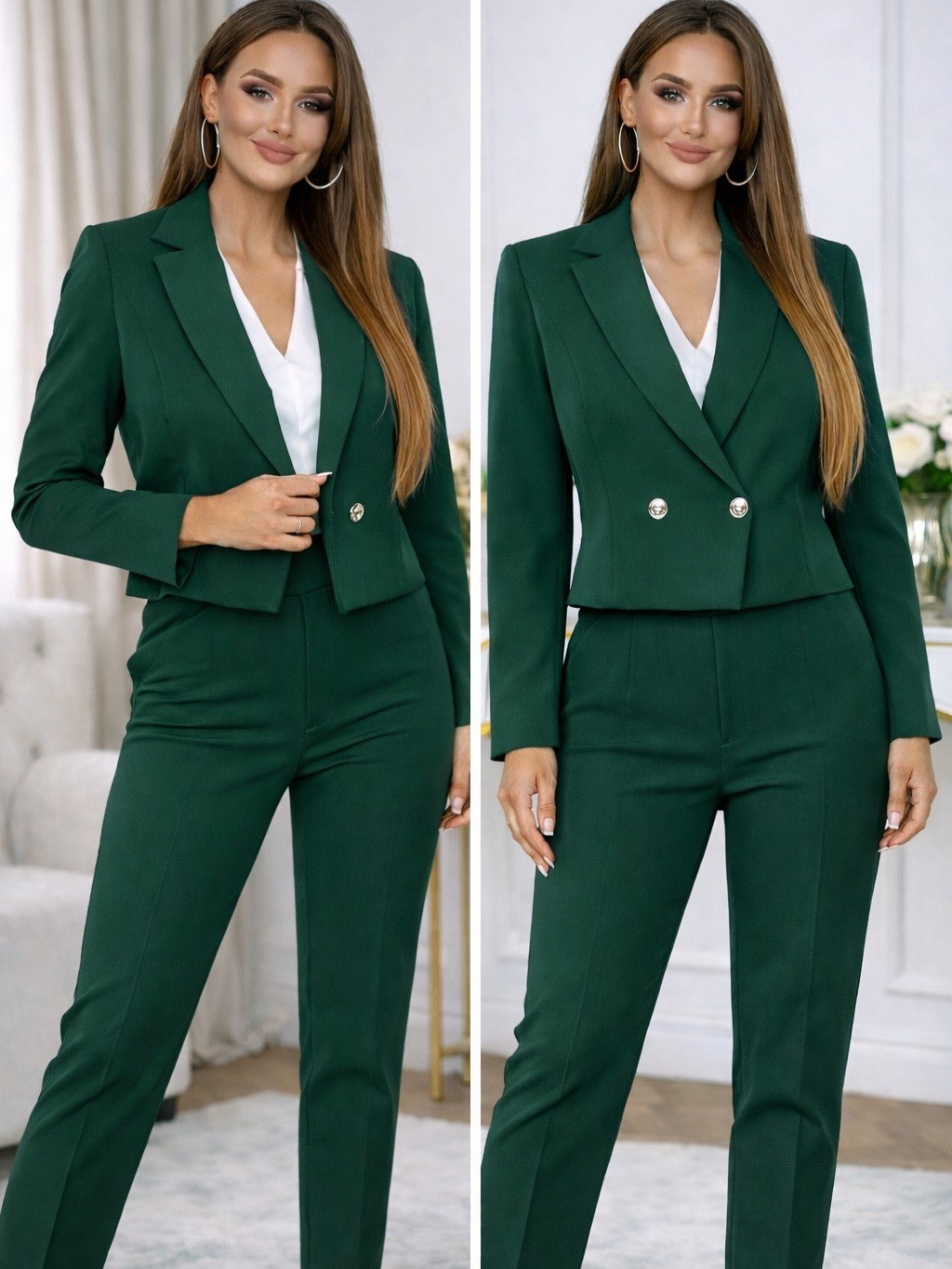 Garnitur Damski Marynarka Na Guzik+Spodnie Butelkowa Zieleń