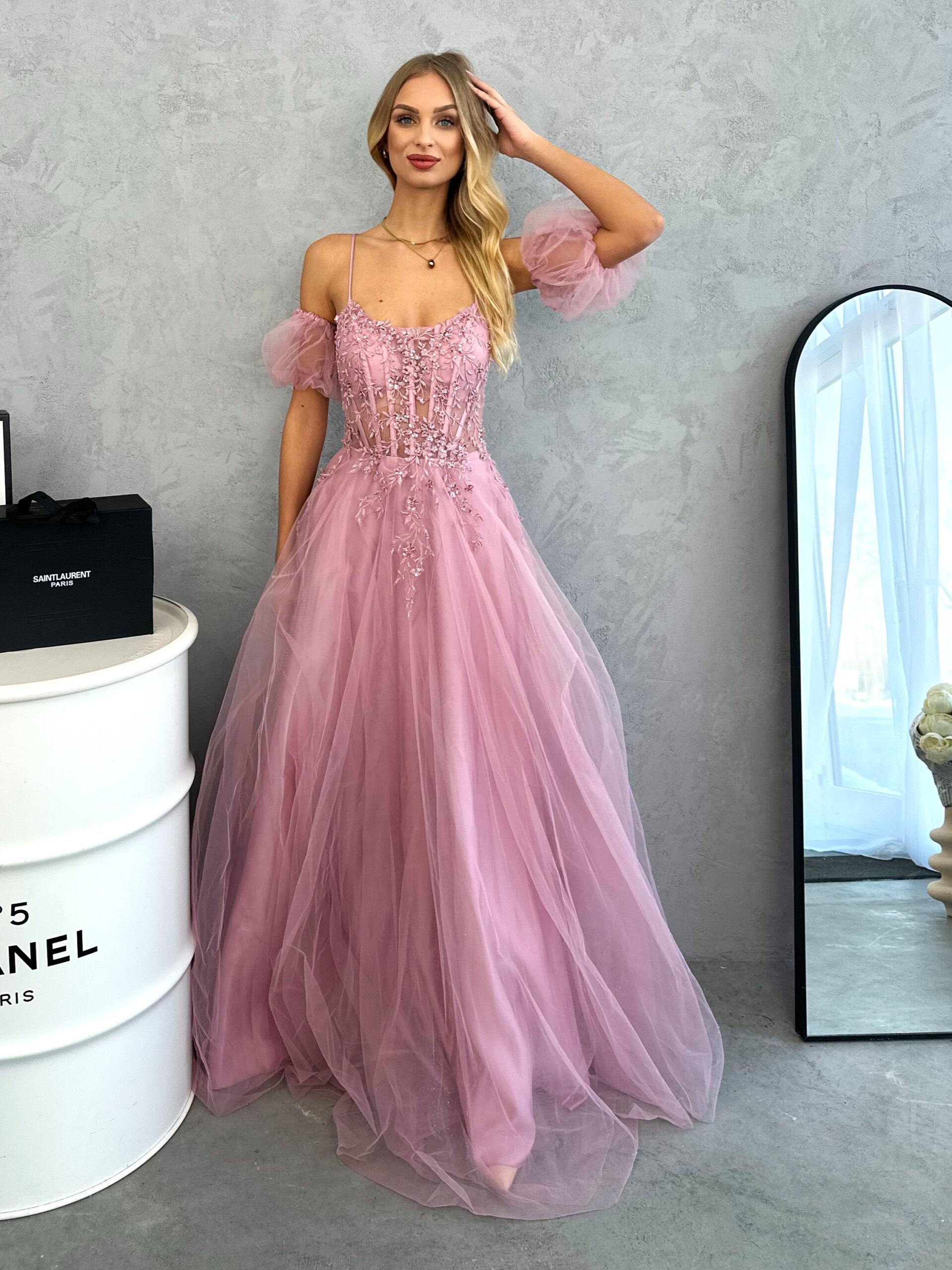 wrzosowa tiulowa rękawek maxi