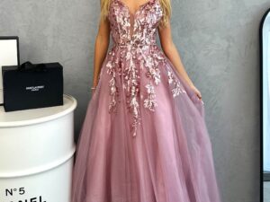 suknia tiulowa wrzosowa maxi
