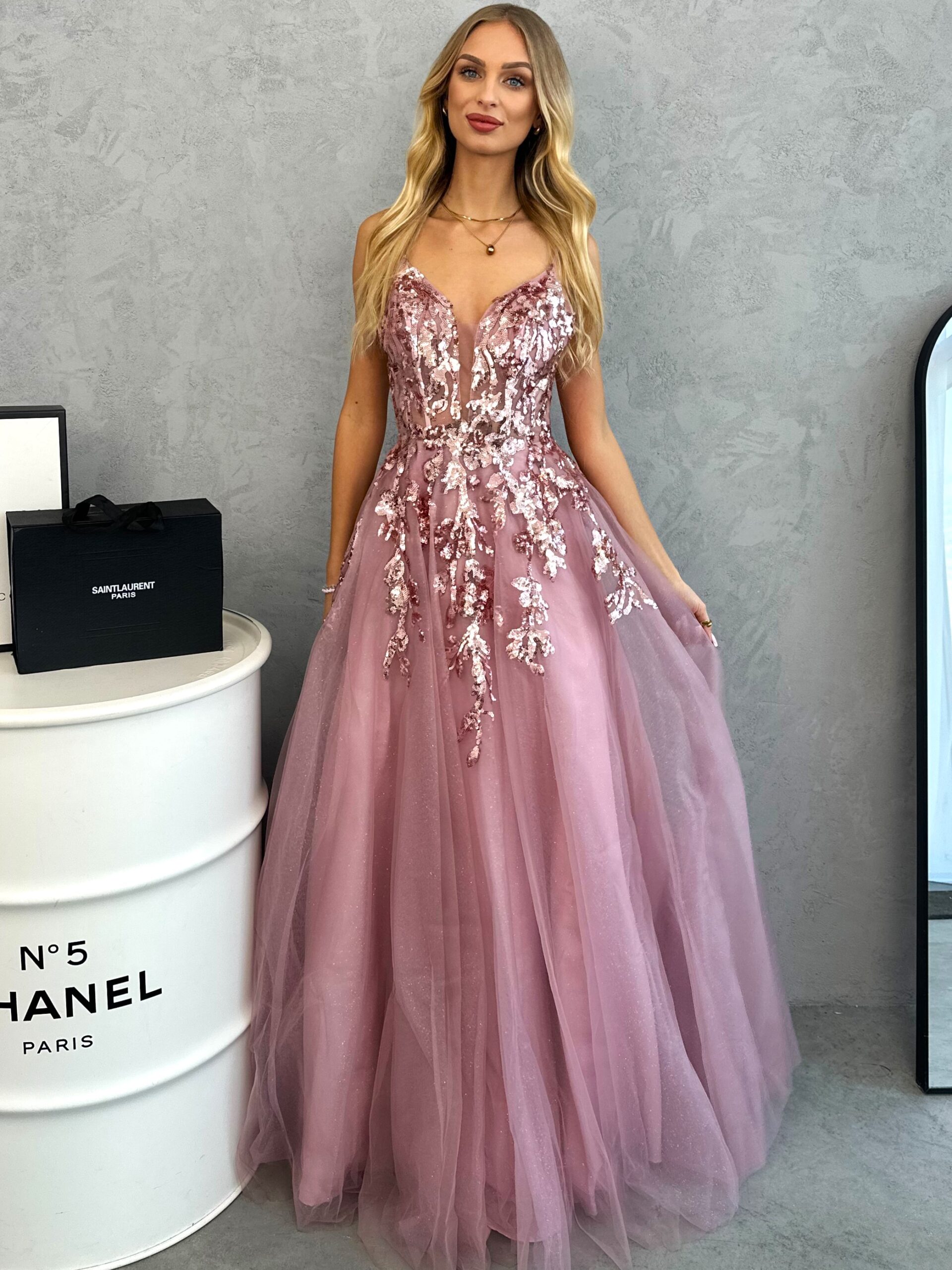 suknia tiulowa wrzosowa maxi