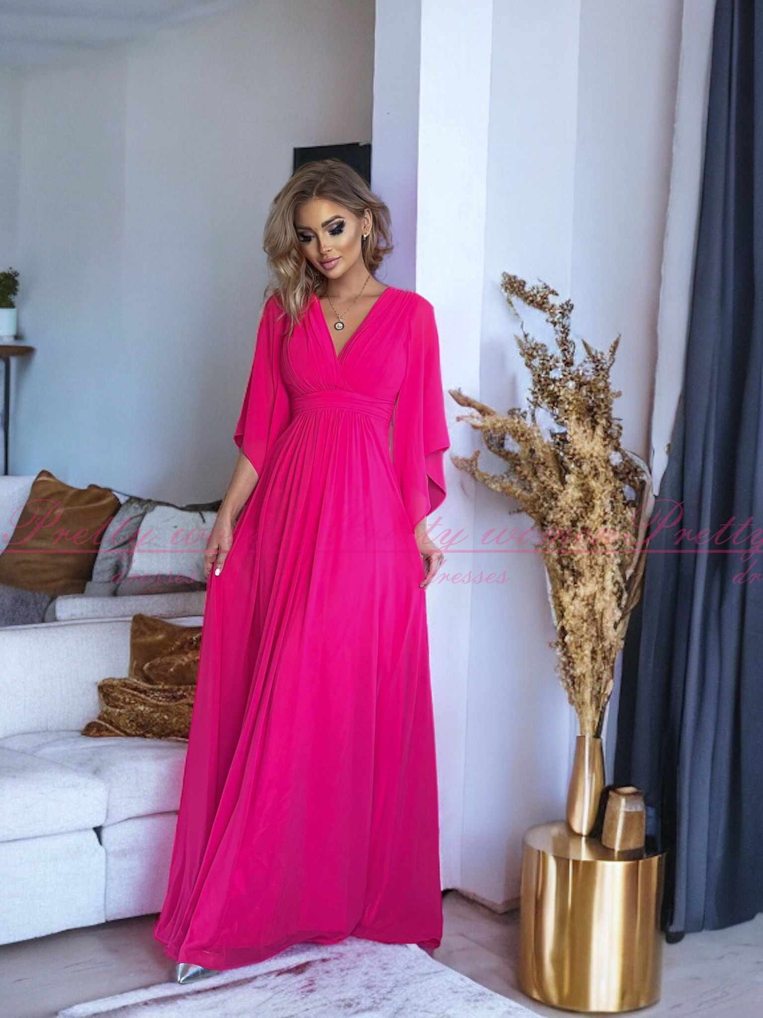 Sukienka z Rękawkiem Łucja Fuksja