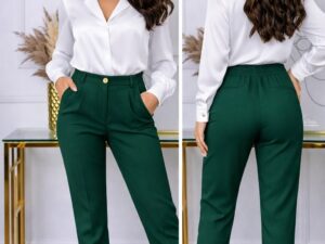 Eleganckie Spodnie Damskie Butelkowa Zieleń Z Gumką