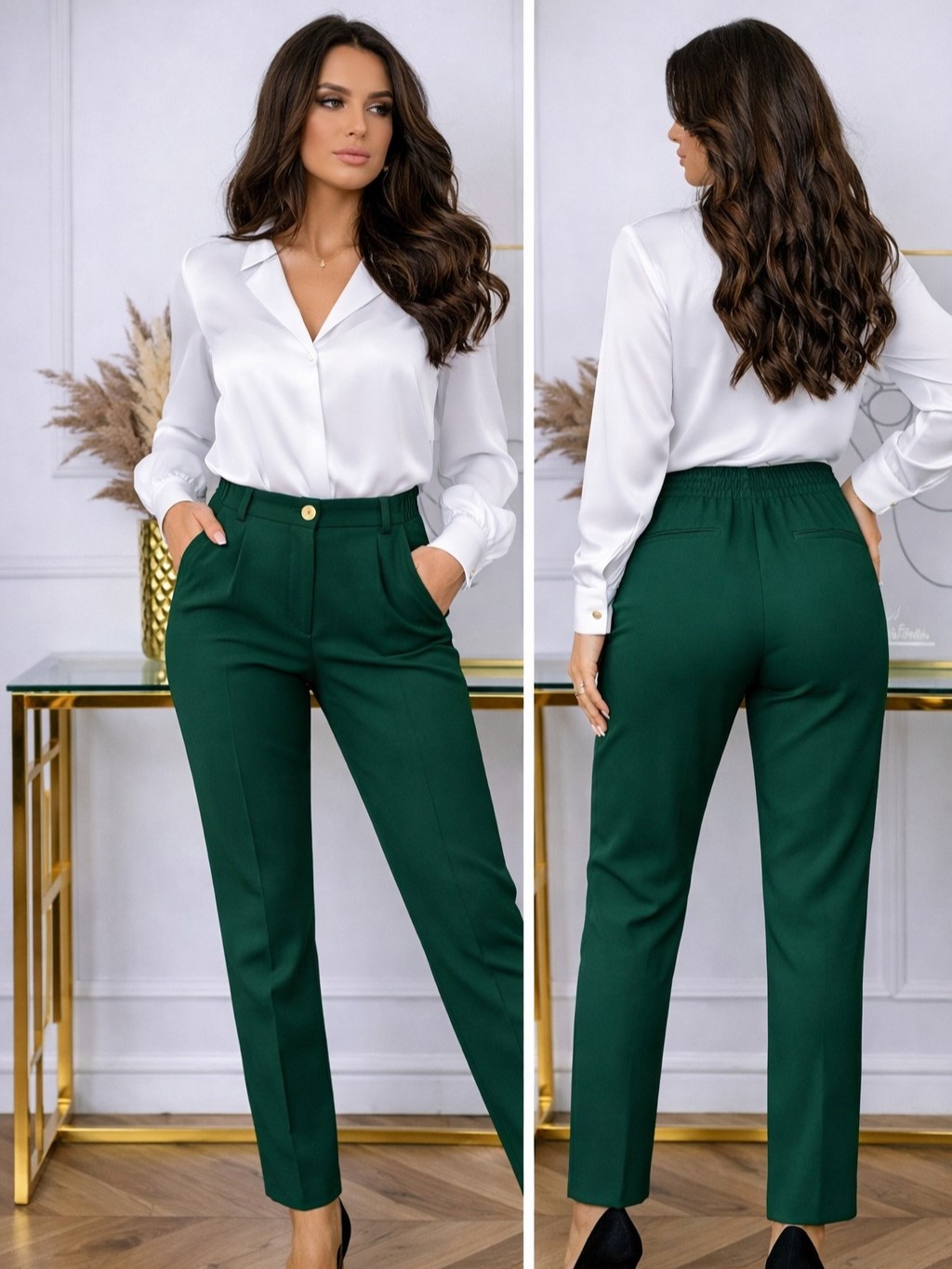 Eleganckie Spodnie Damskie Butelkowa Zieleń Z Gumką