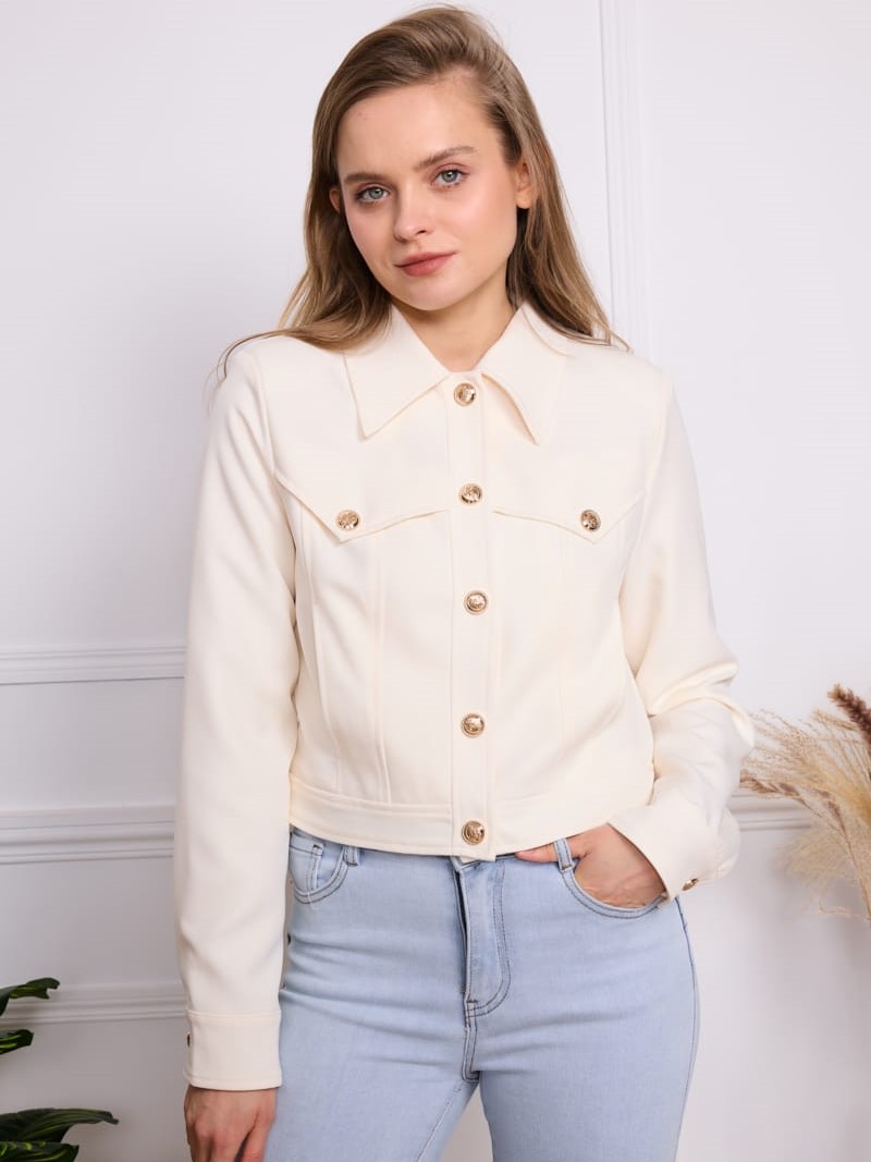 Kurtka Z Kołnierzem Zapinana Na Ozdobne Guziki Ecru