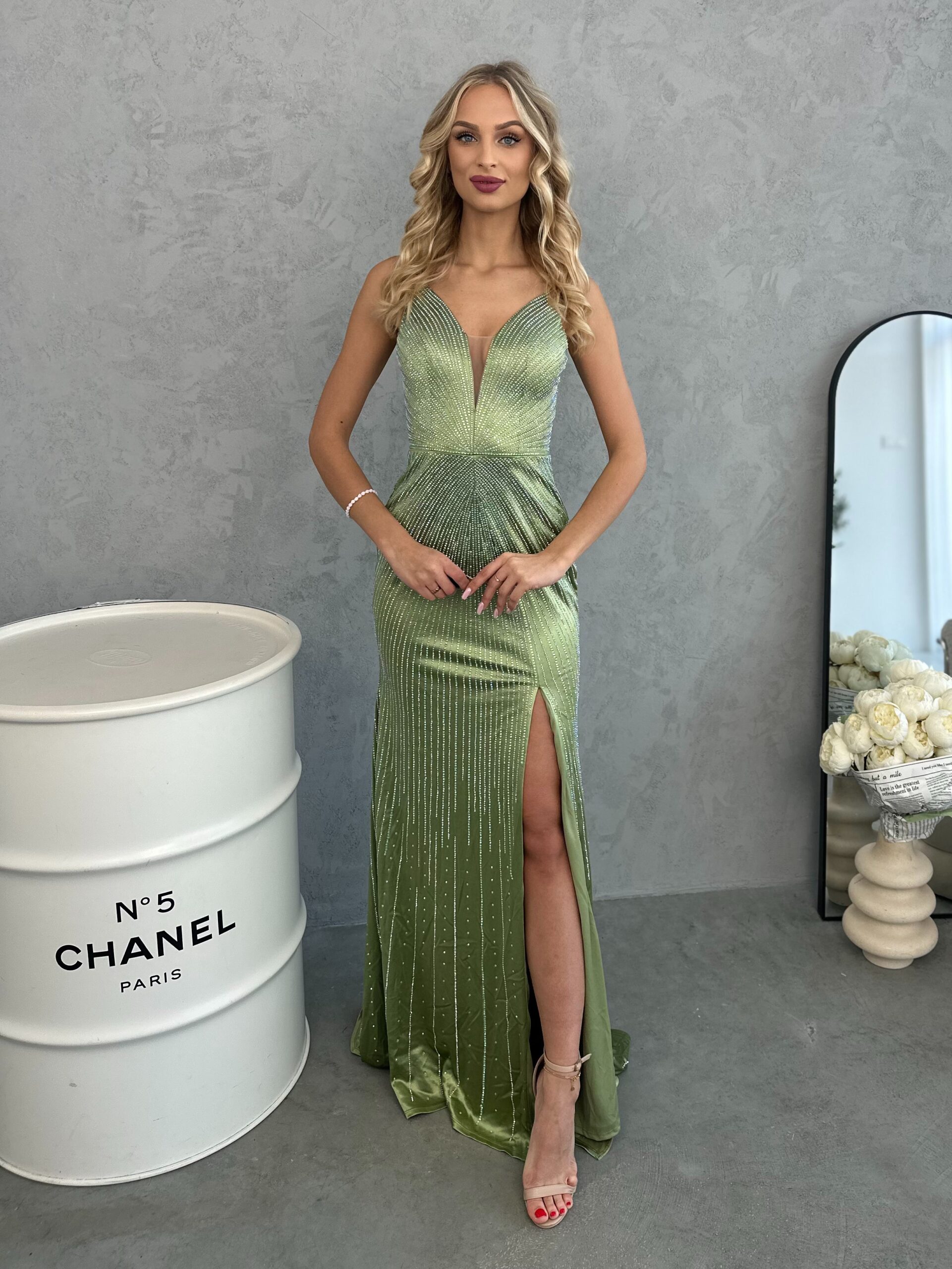 Suknia Wieczorowa Maxi Nova Z Rozcięciem Limonka