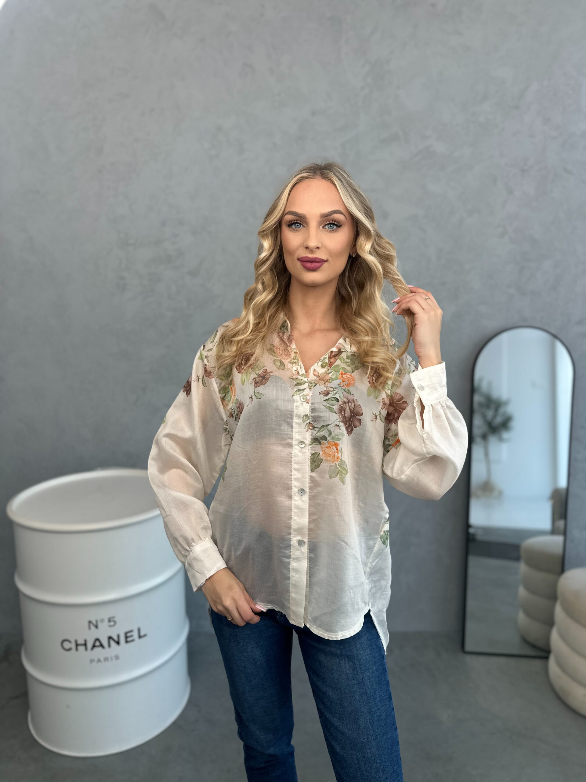 Koszula W Brązowe Kwiaty Biała Lorena