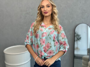 Koszula Wiązana W Kwiaty Biało-Niebieska