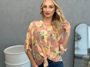 Koszula Wiązana W Kwiaty Morelowa