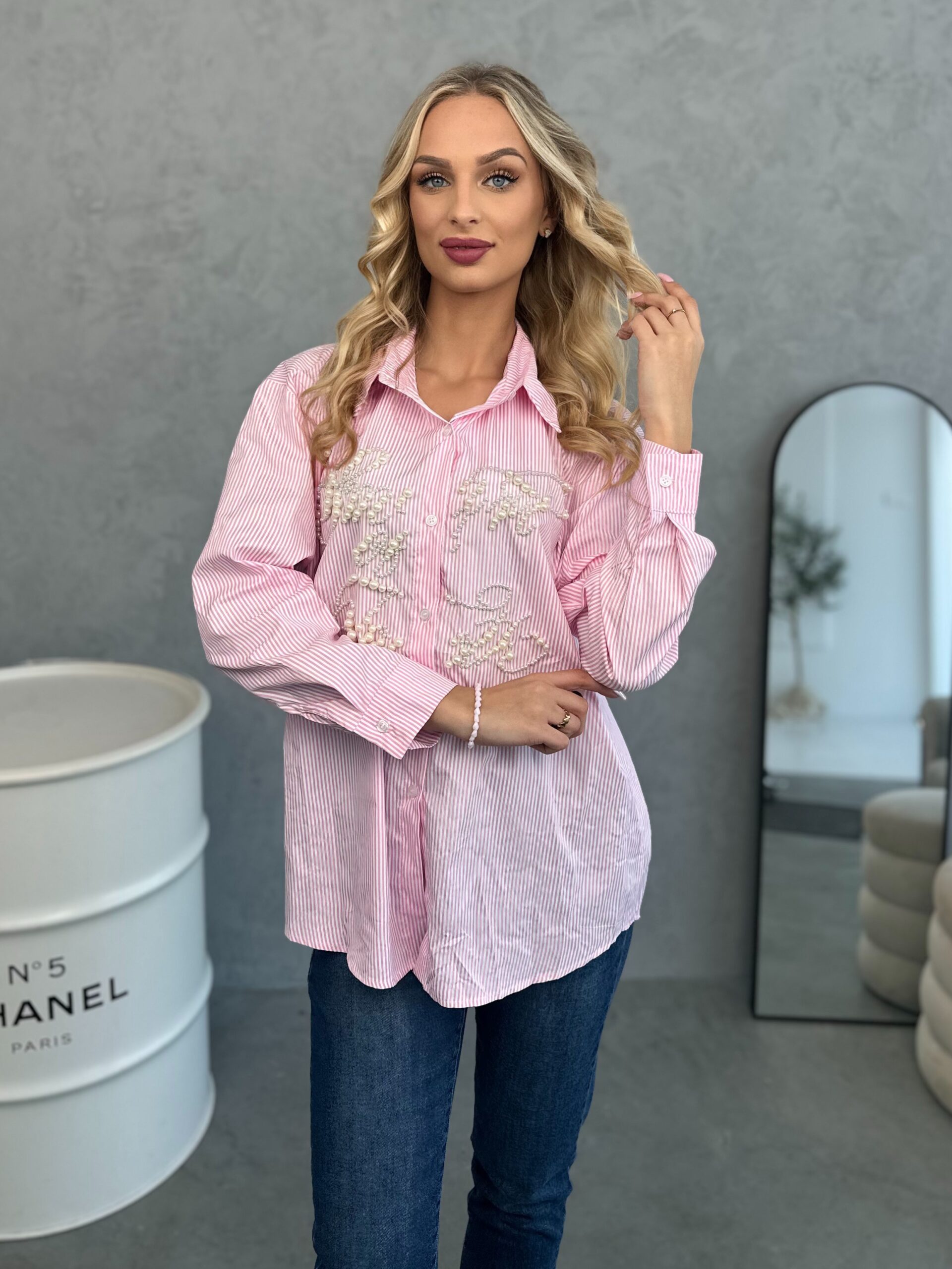 Koszula Klasyczna W Paski Pudrowy Róż